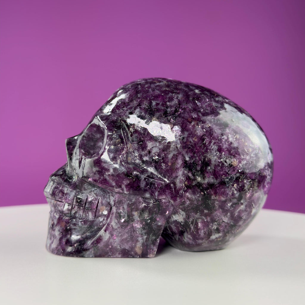 Gem Lepidolite & Smoky Quartz Collector Skull – 1,061g High Gloss