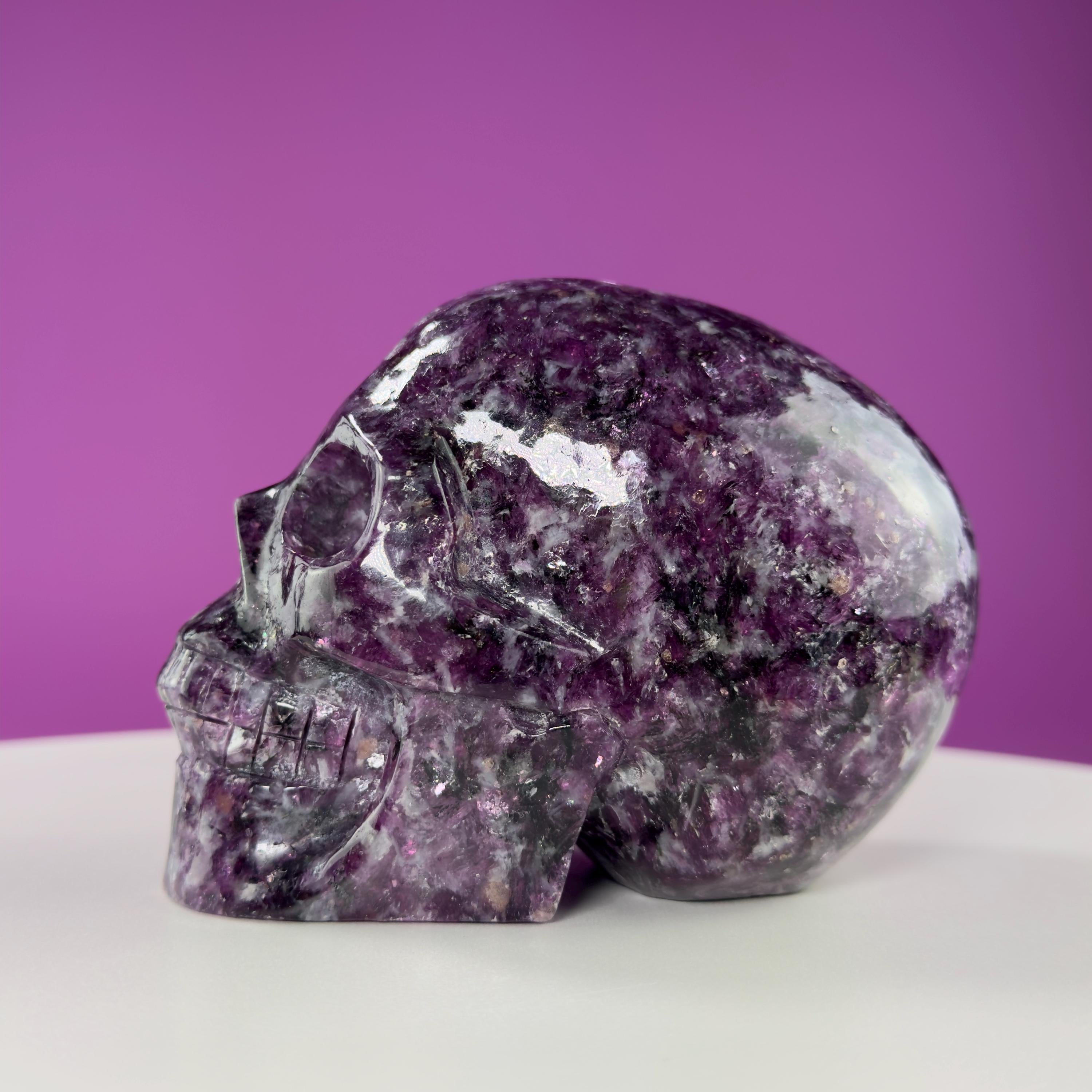 Gem Lepidolite & Smoky Quartz Collector Skull – 1,061g High Gloss