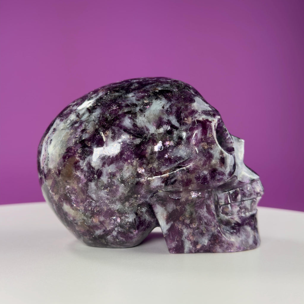 Gem Lepidolite & Smoky Quartz Collector Skull – 1,061g High Gloss