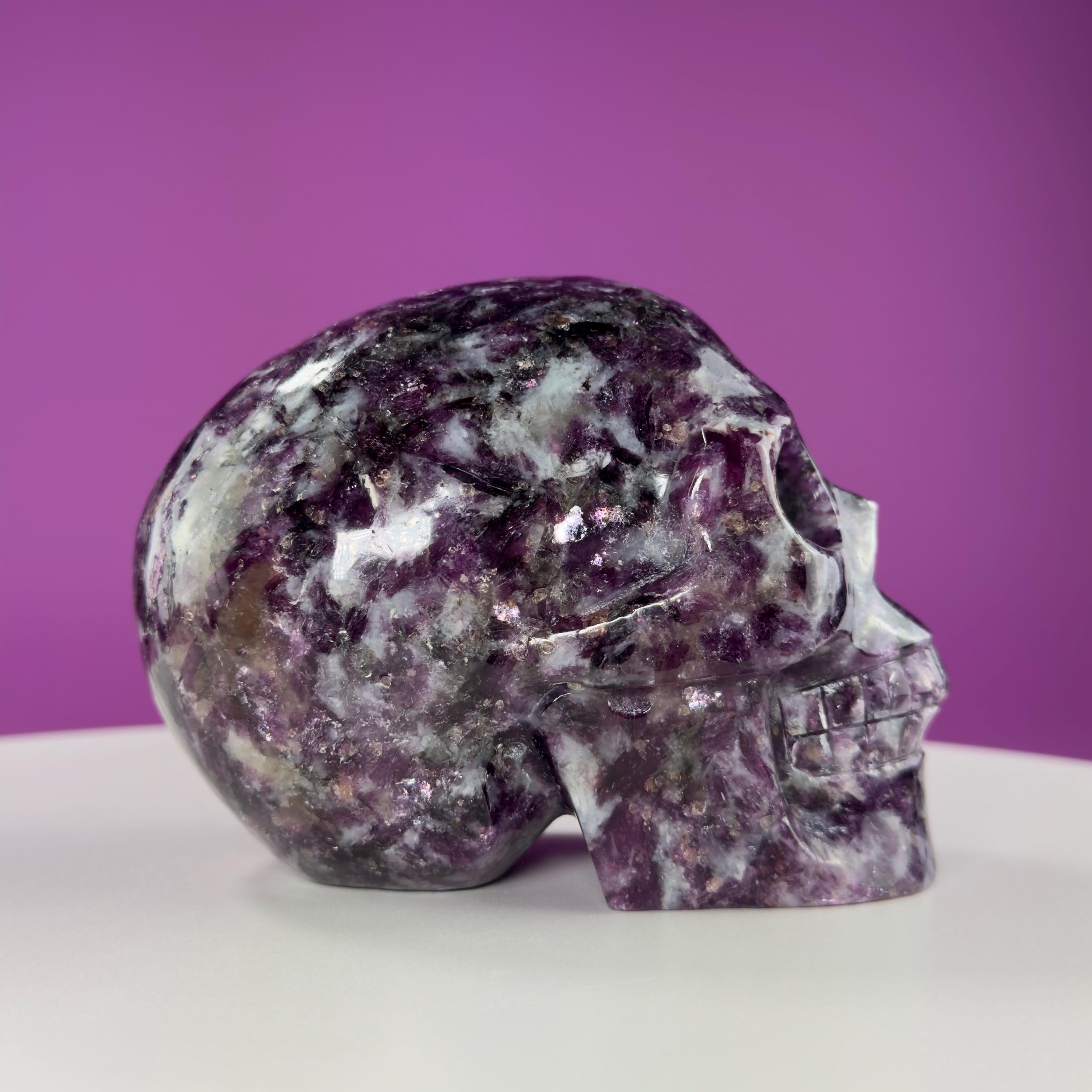 Gem Lepidolite & Smoky Quartz Collector Skull – 1,061g High Gloss
