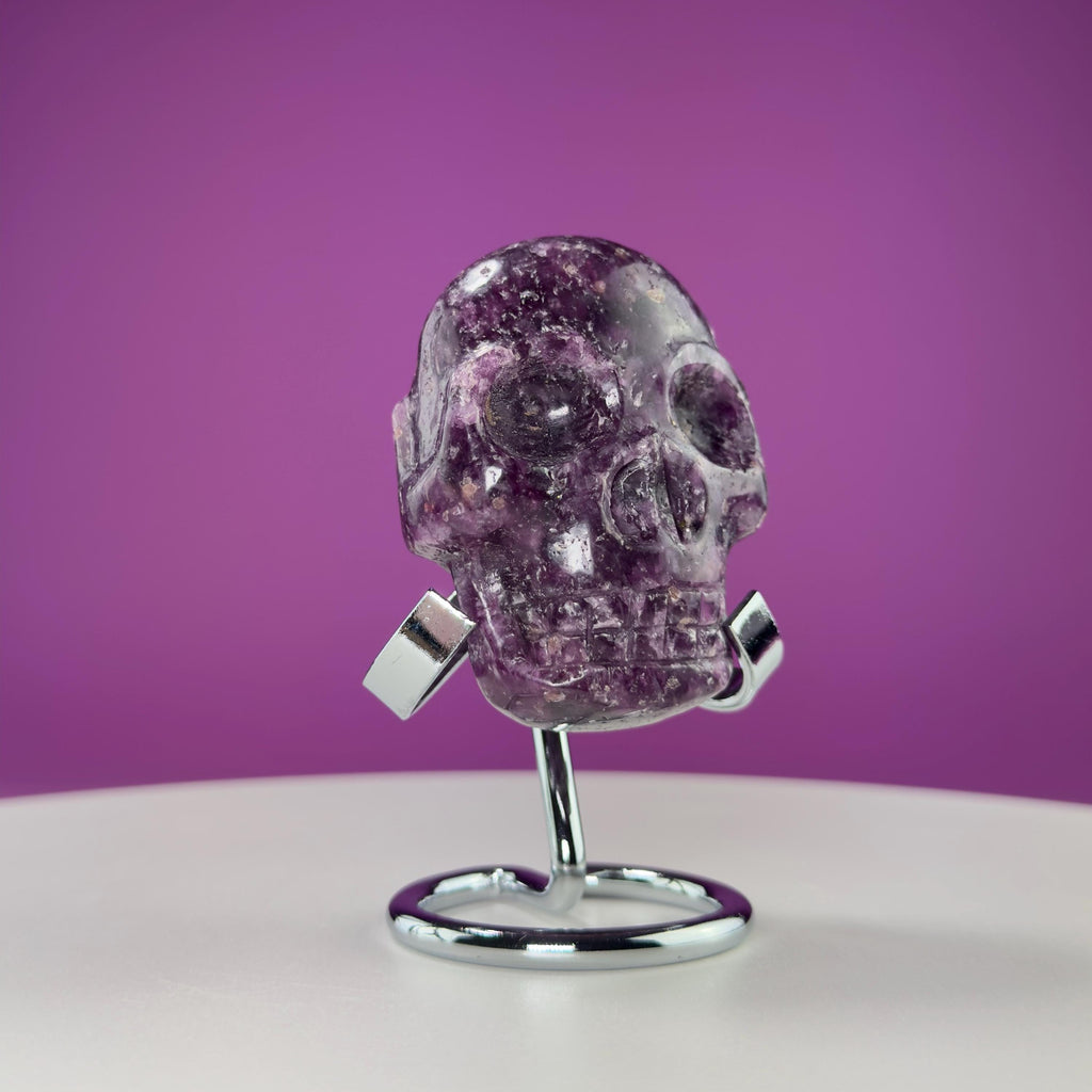 Lepidolite Double Skull Carving (Includes Silver Metal Stand)