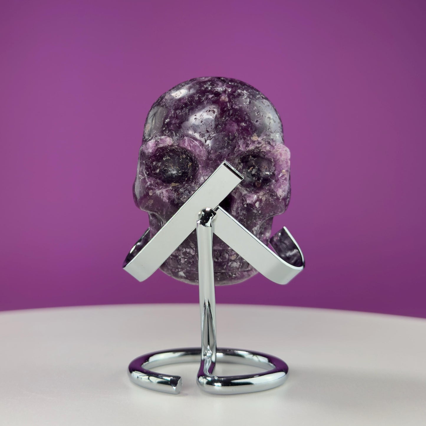 Lepidolite Double Skull Carving (Includes Silver Metal Stand)