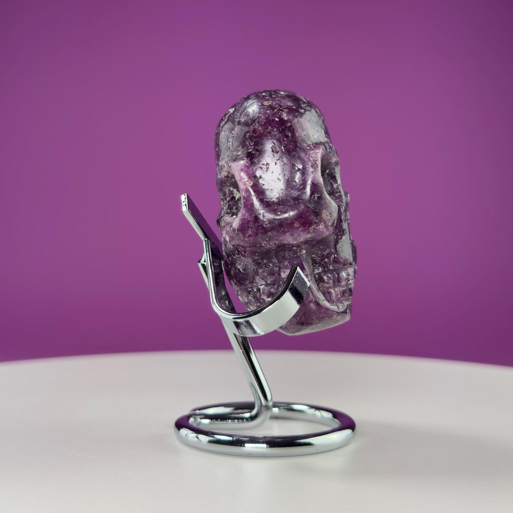 Lepidolite Double Skull Carving (Includes Silver Metal Stand)