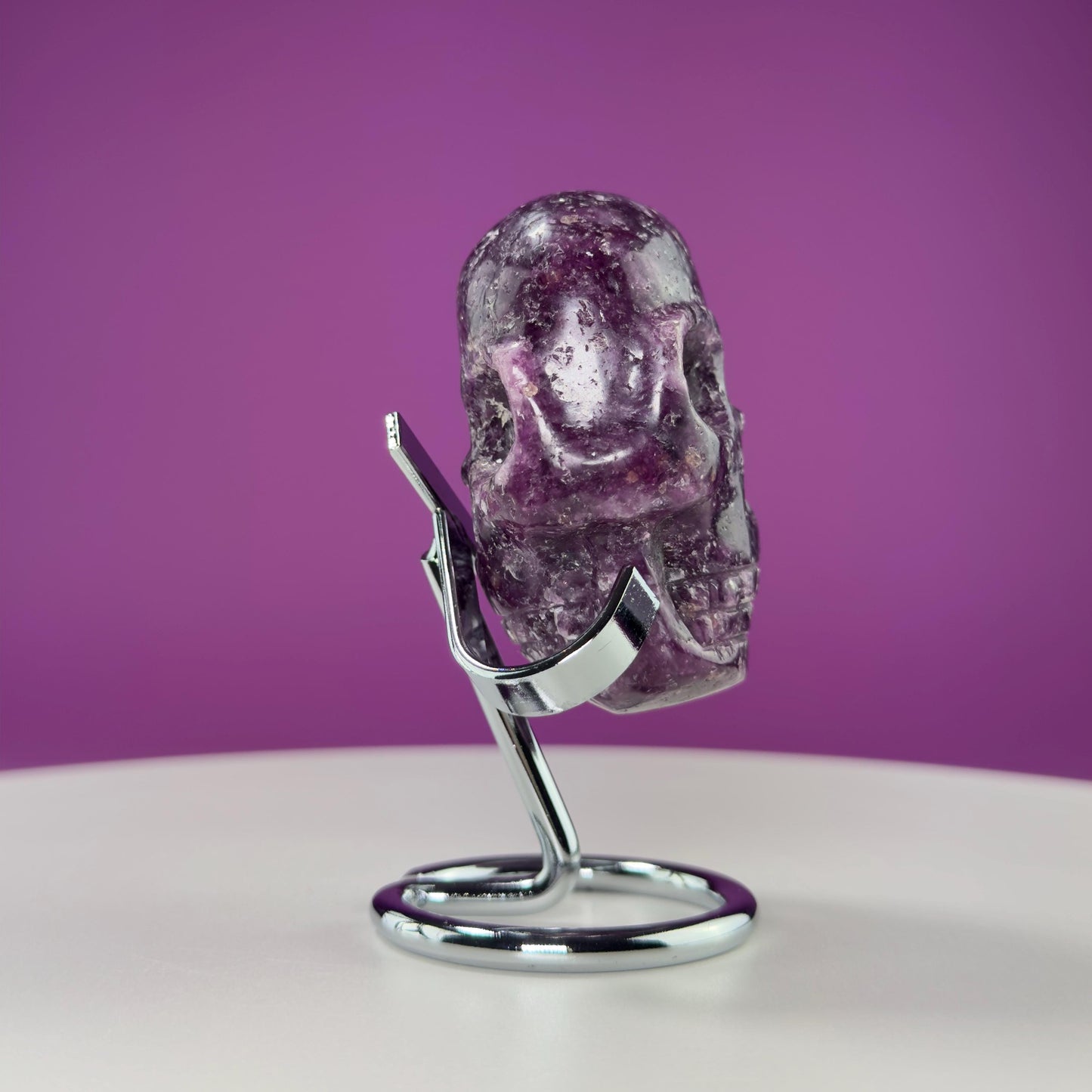 Lepidolite Double Skull Carving (Includes Silver Metal Stand)