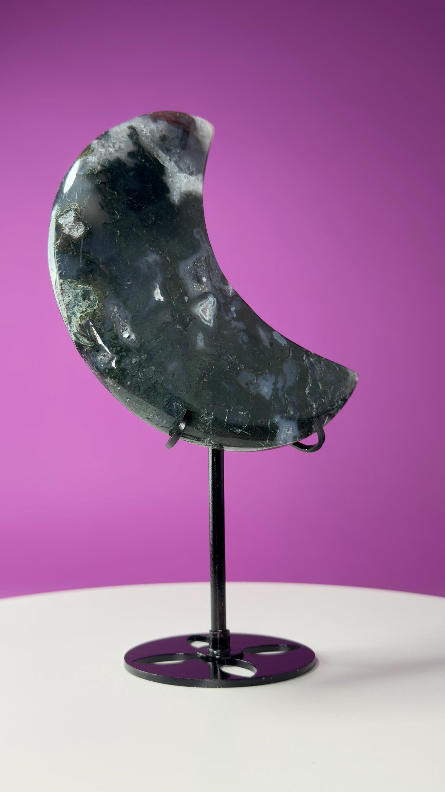 Moss Agate Moon (Includes Black Metal Stand)