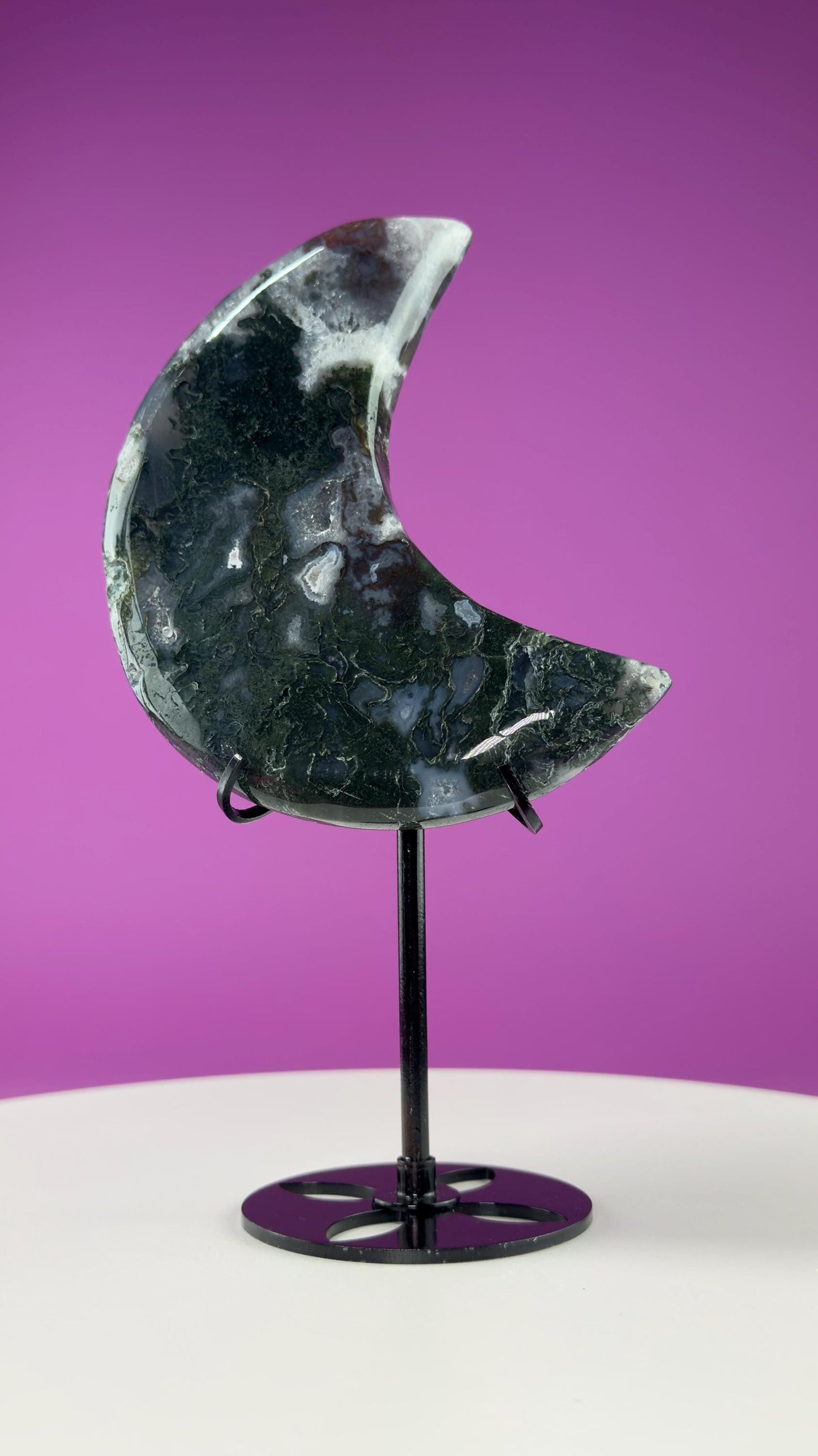 Moss Agate Moon (Includes Black Metal Stand)