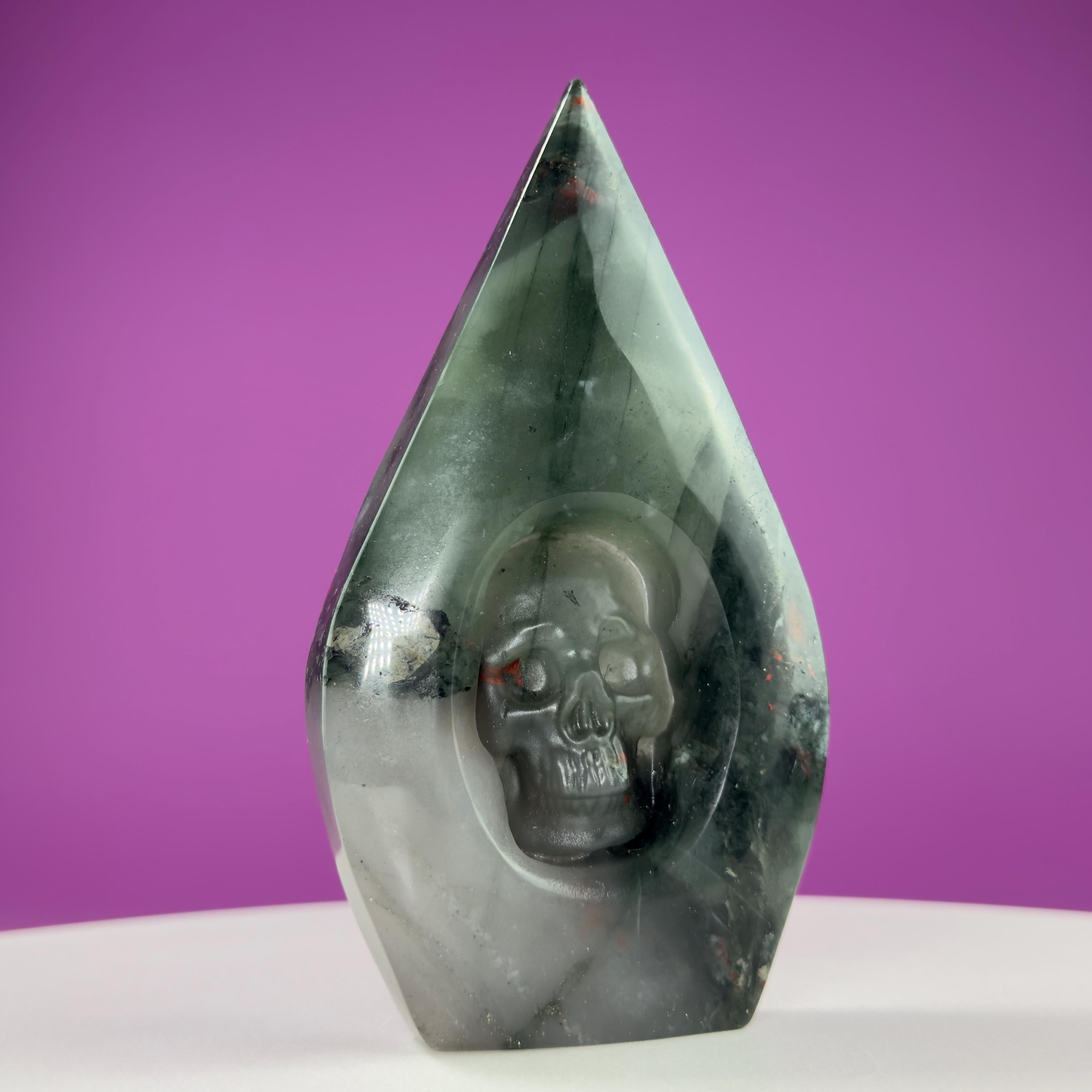 African Bloodstone Skull Flame Carving – 370g Crystal Skull