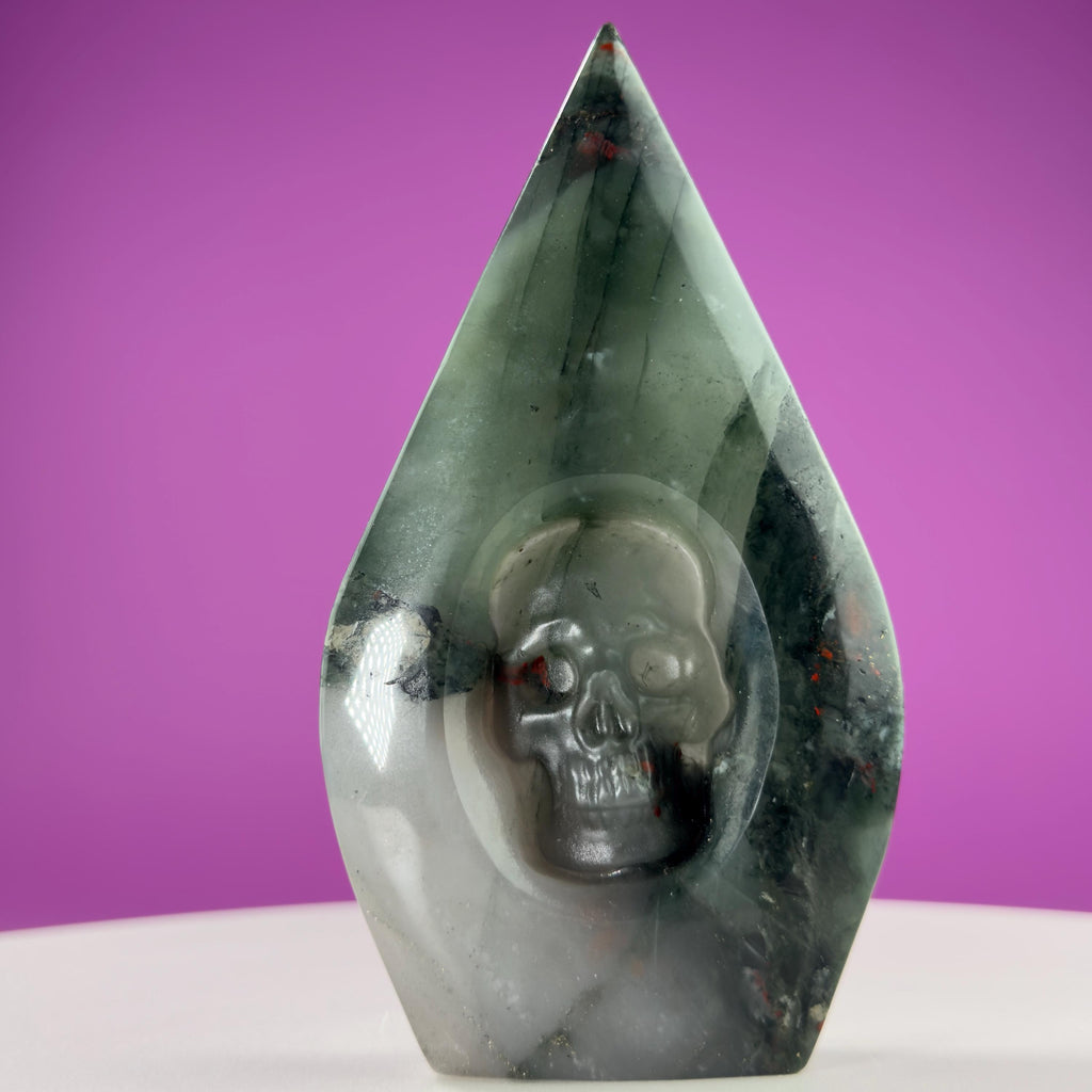 African Bloodstone Skull Flame Carving – 370g Crystal Skull