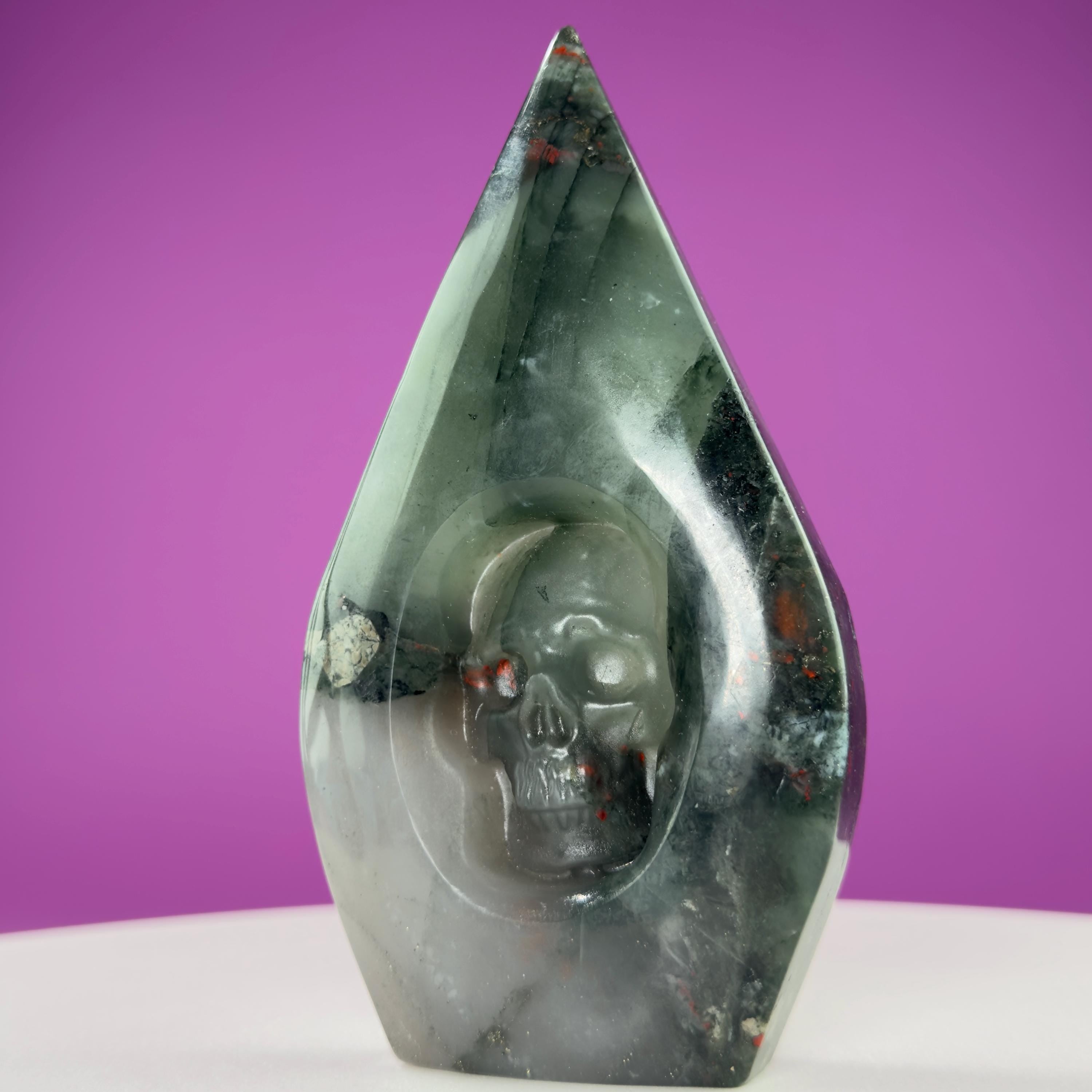 African Bloodstone Skull Flame Carving – 370g Crystal Skull