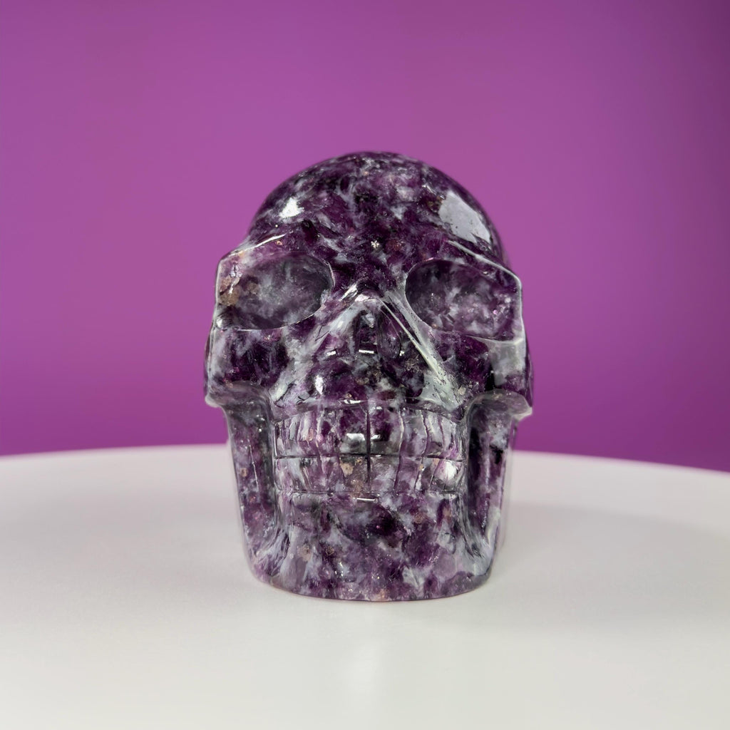 Gem Lepidolite & Smoky Quartz Collector Skull – 1,061g High Gloss