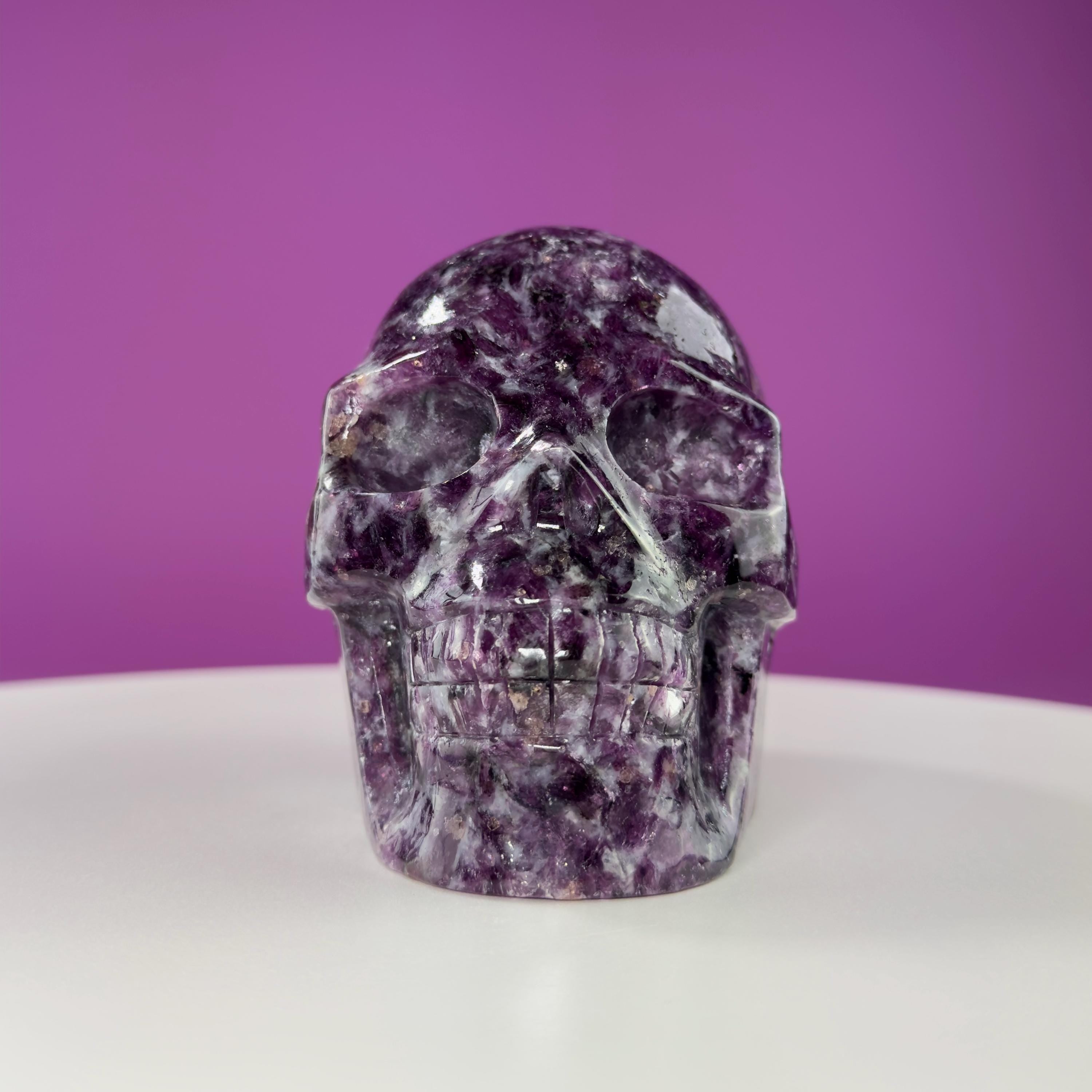 Gem Lepidolite & Smoky Quartz Collector Skull – 1,061g High Gloss