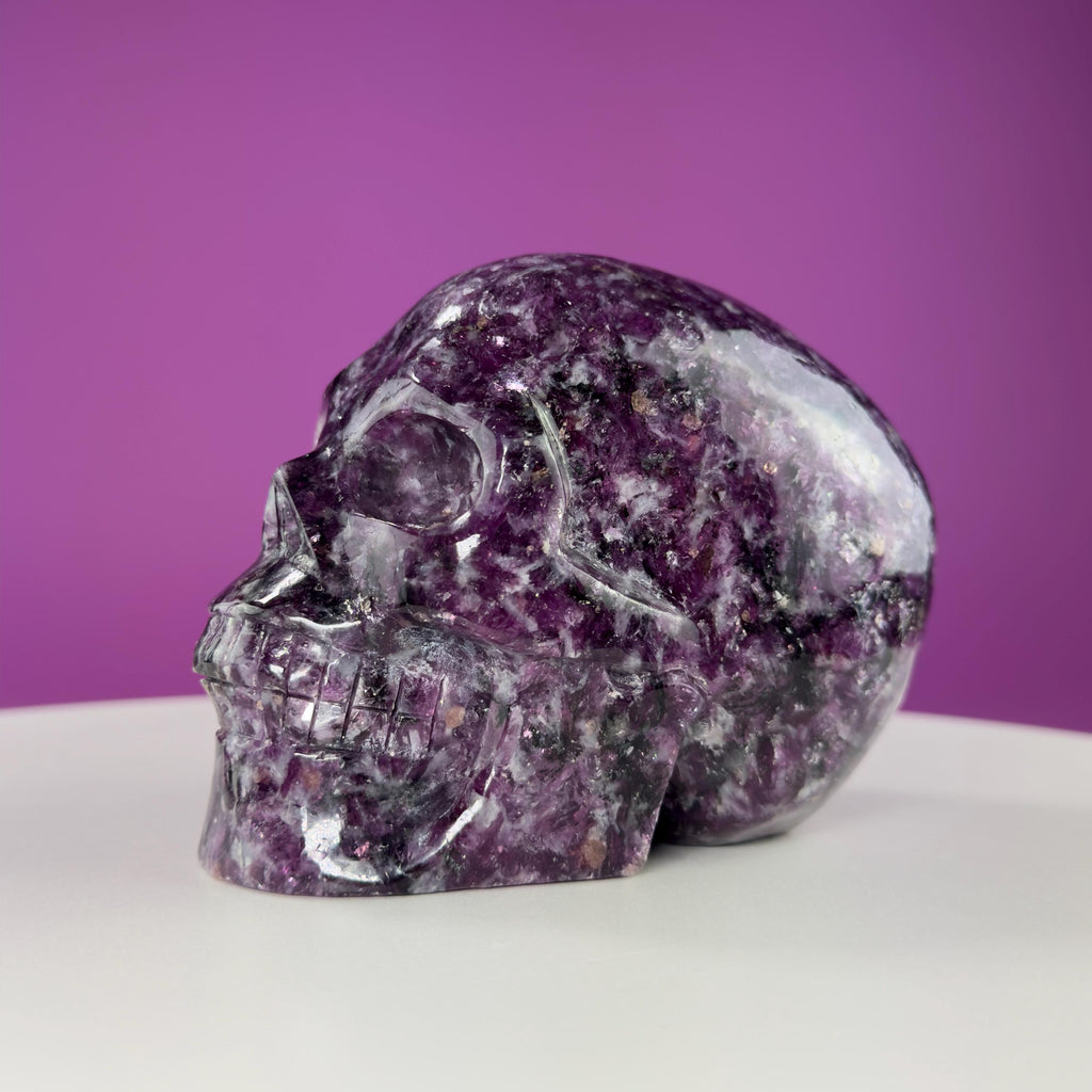 Gem Lepidolite & Smoky Quartz Collector Skull – 1,061g High Gloss