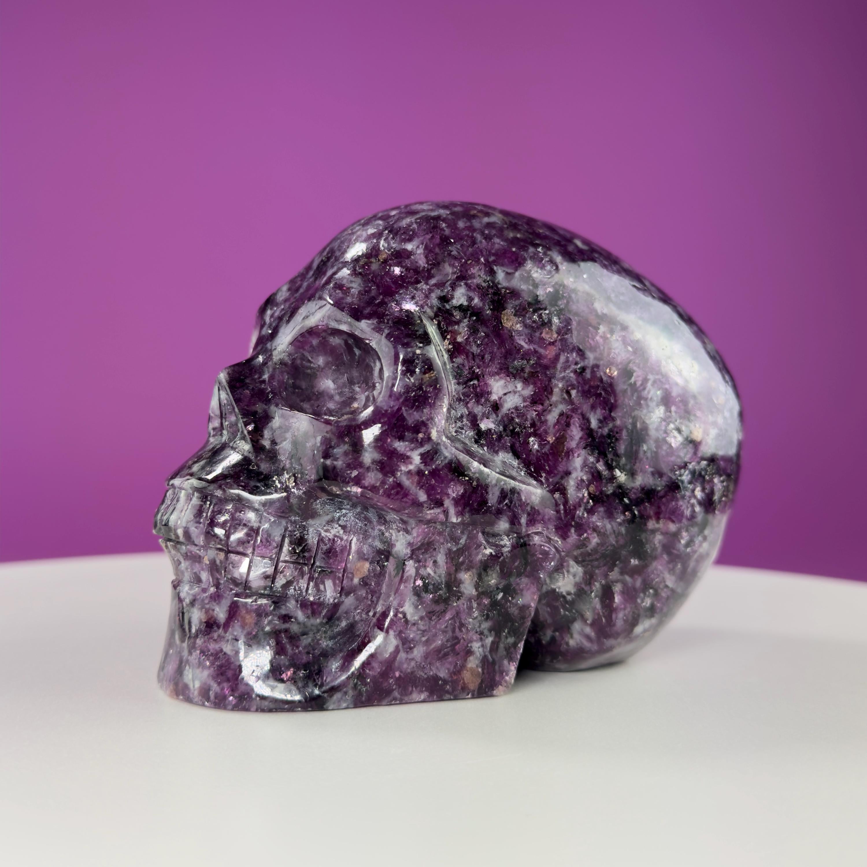 Gem Lepidolite & Smoky Quartz Collector Skull – 1,061g High Gloss