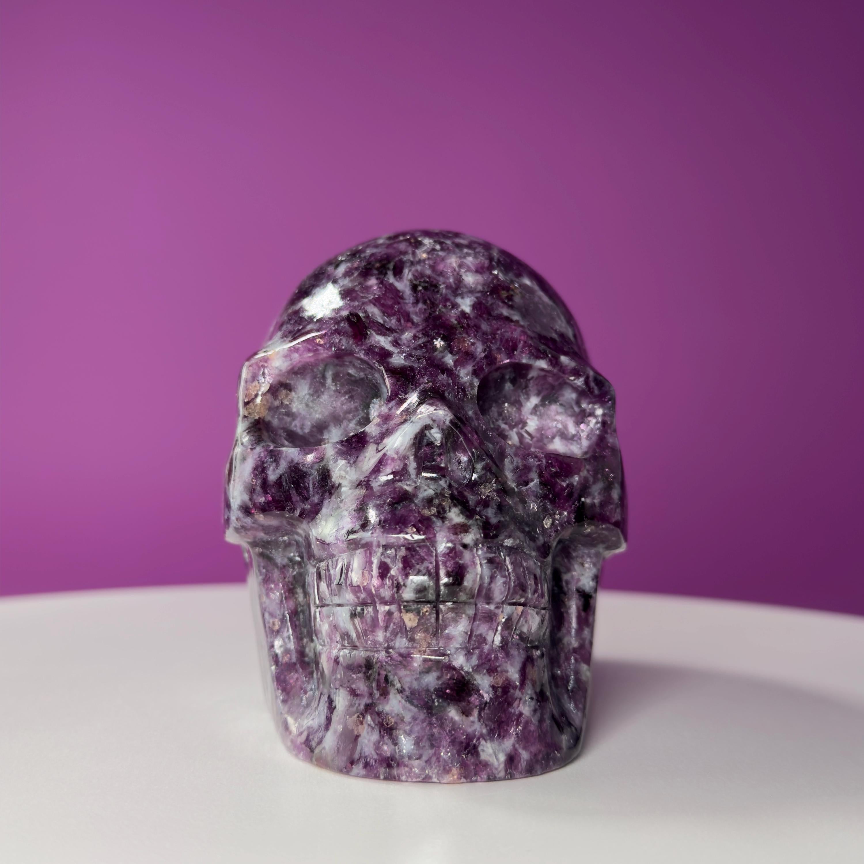 Gem Lepidolite & Smoky Quartz Collector Skull – 1,061g High Gloss