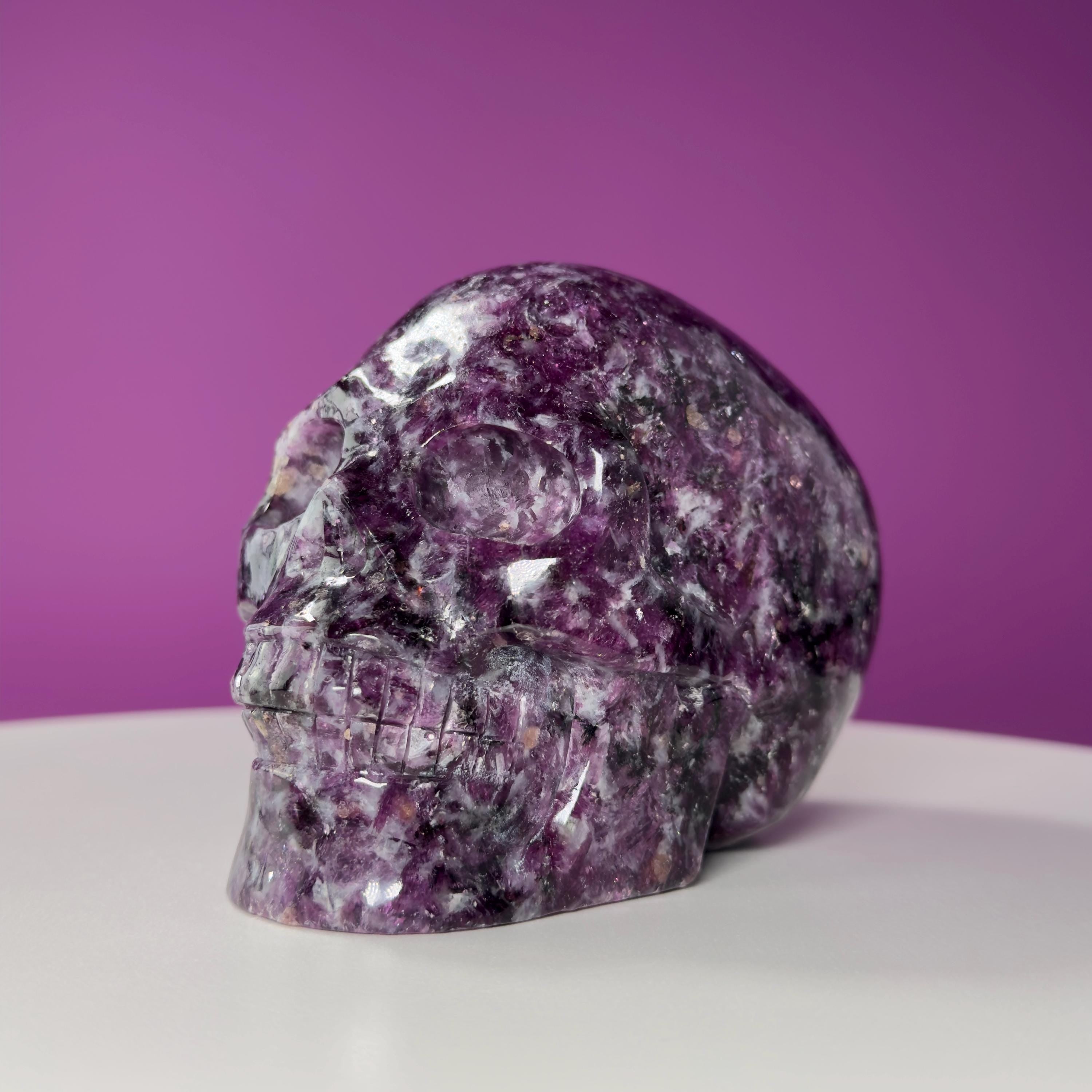 Gem Lepidolite & Smoky Quartz Collector Skull – 1,061g High Gloss
