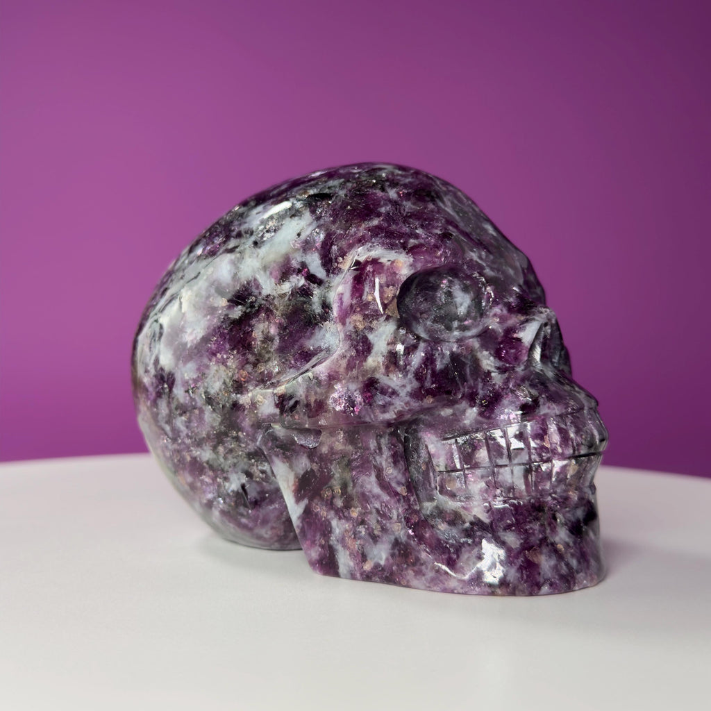 Gem Lepidolite & Smoky Quartz Collector Skull – 1,061g High Gloss