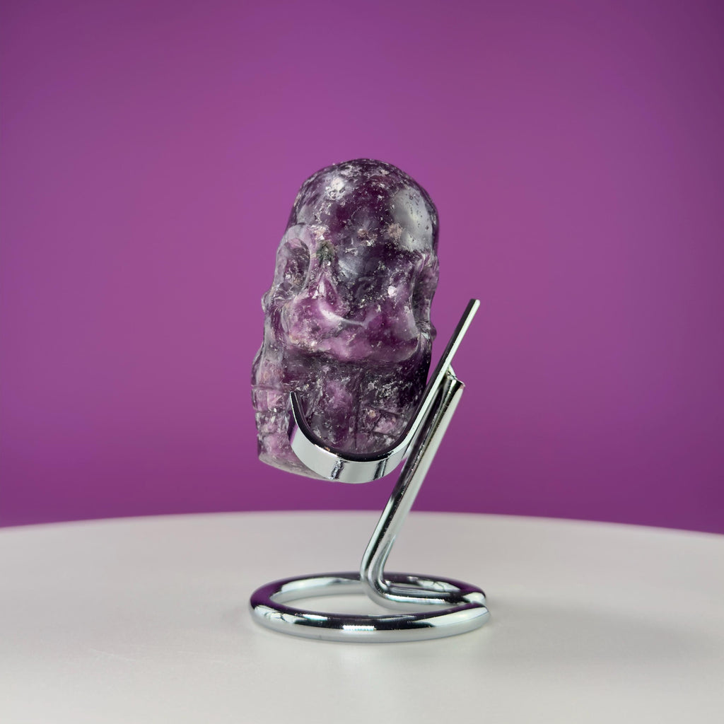 Lepidolite Double Skull Carving (Includes Silver Metal Stand)
