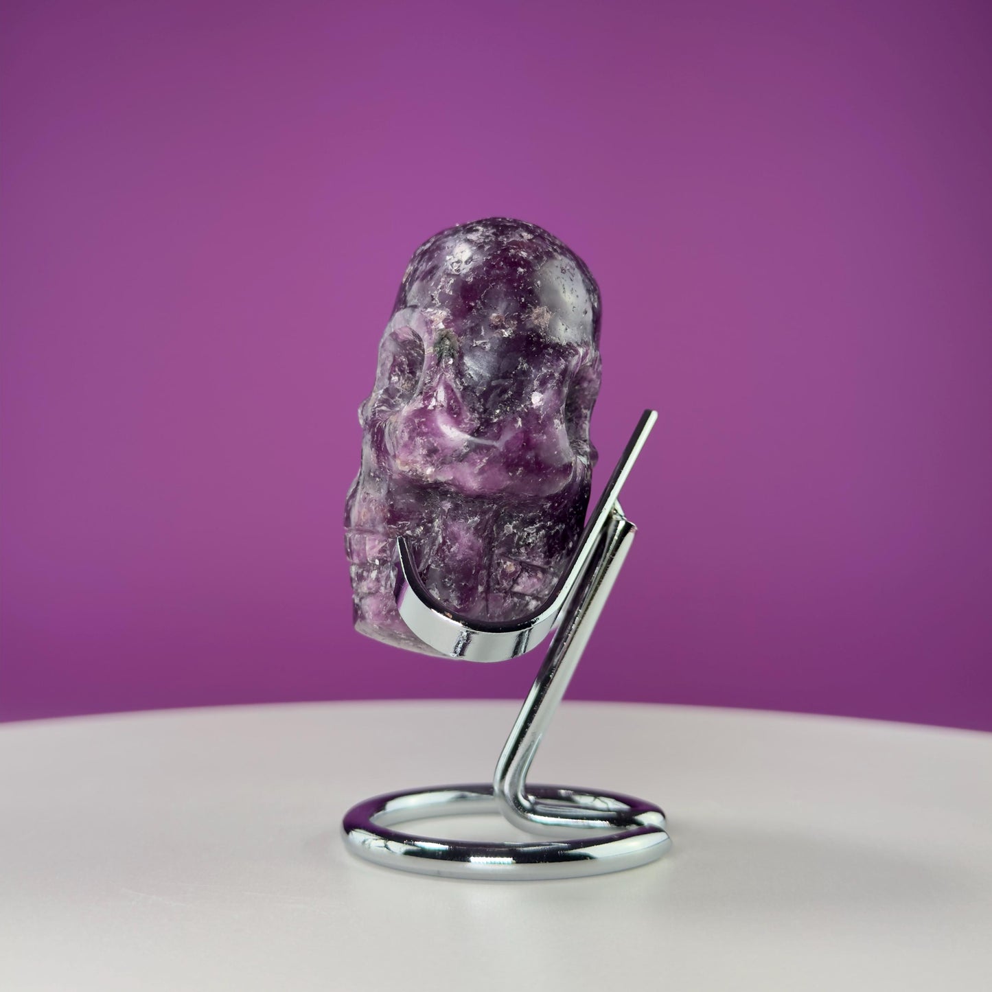 Lepidolite Double Skull Carving (Includes Silver Metal Stand)