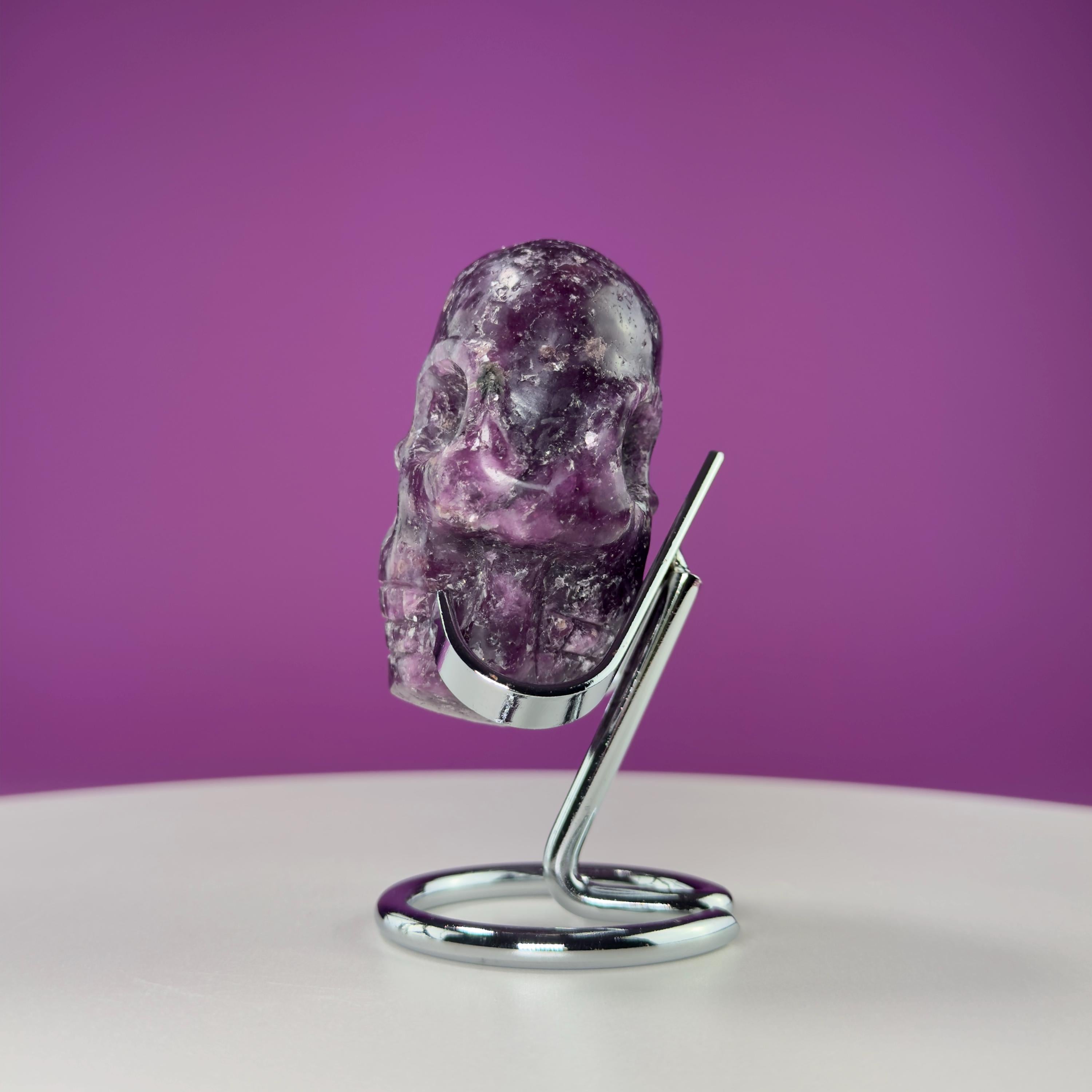 Lepidolite Double Skull Carving (Includes Silver Metal Stand)