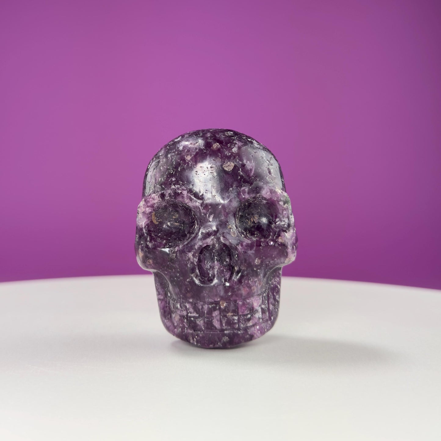 Lepidolite Double Skull Carving (Includes Silver Metal Stand)