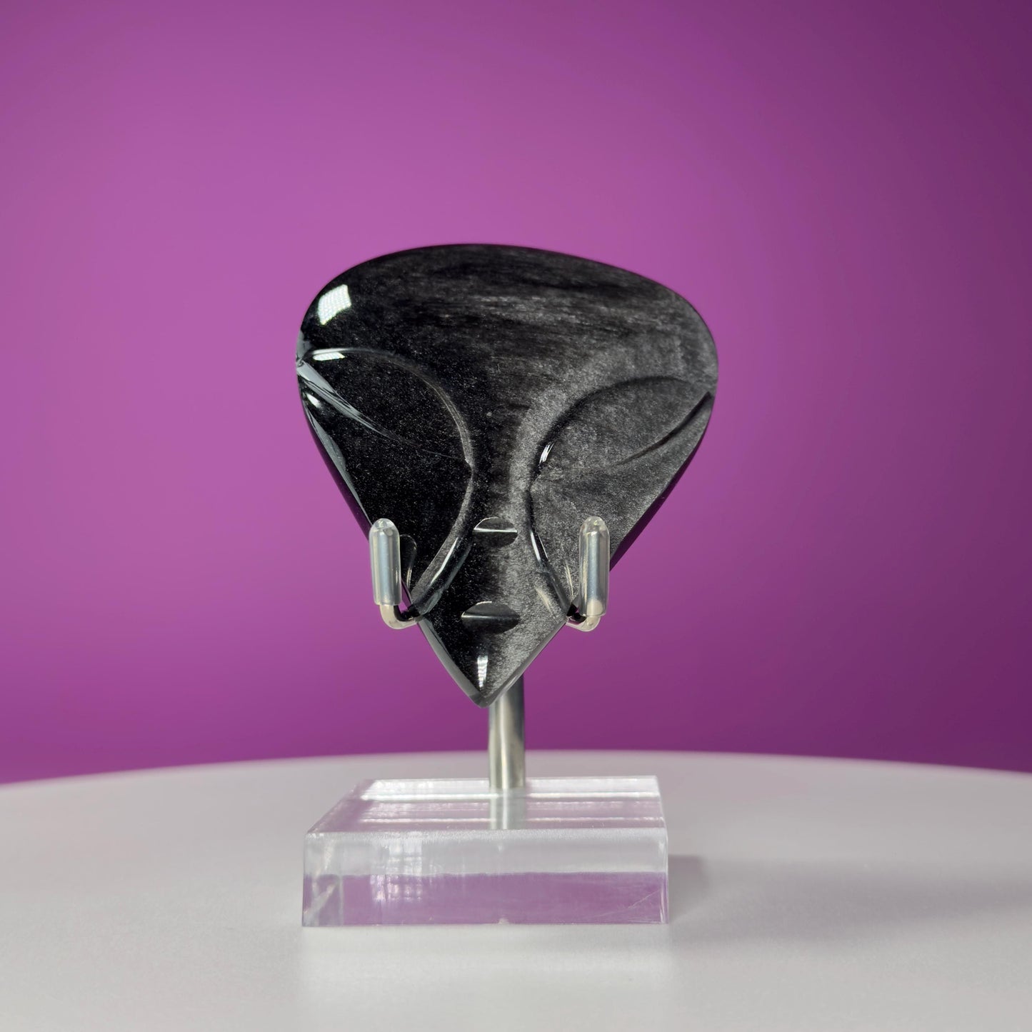 Silver Sheen Obsidian Alien Face Carving (Stand for Display Purposes Only)