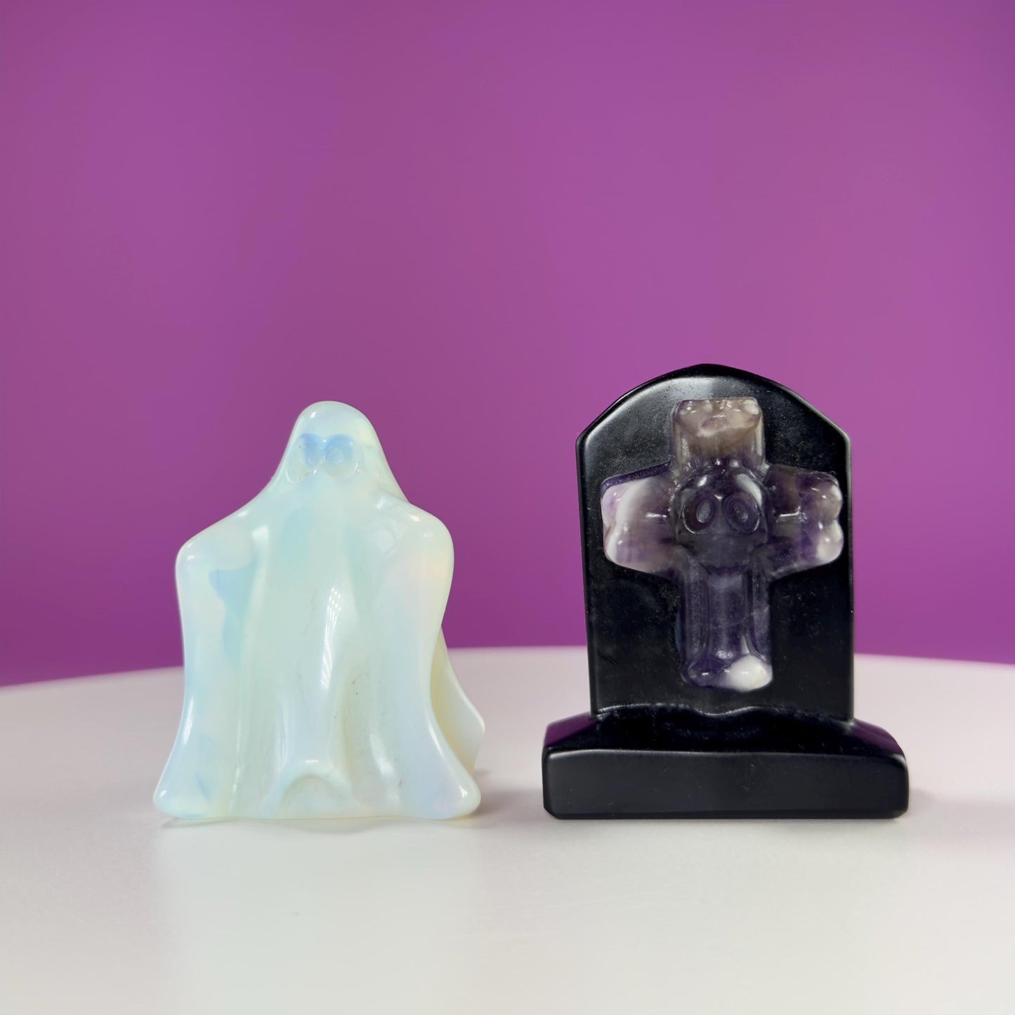 Black Obsidian Headstone with Amethyst Skull and Opalite Ghost
