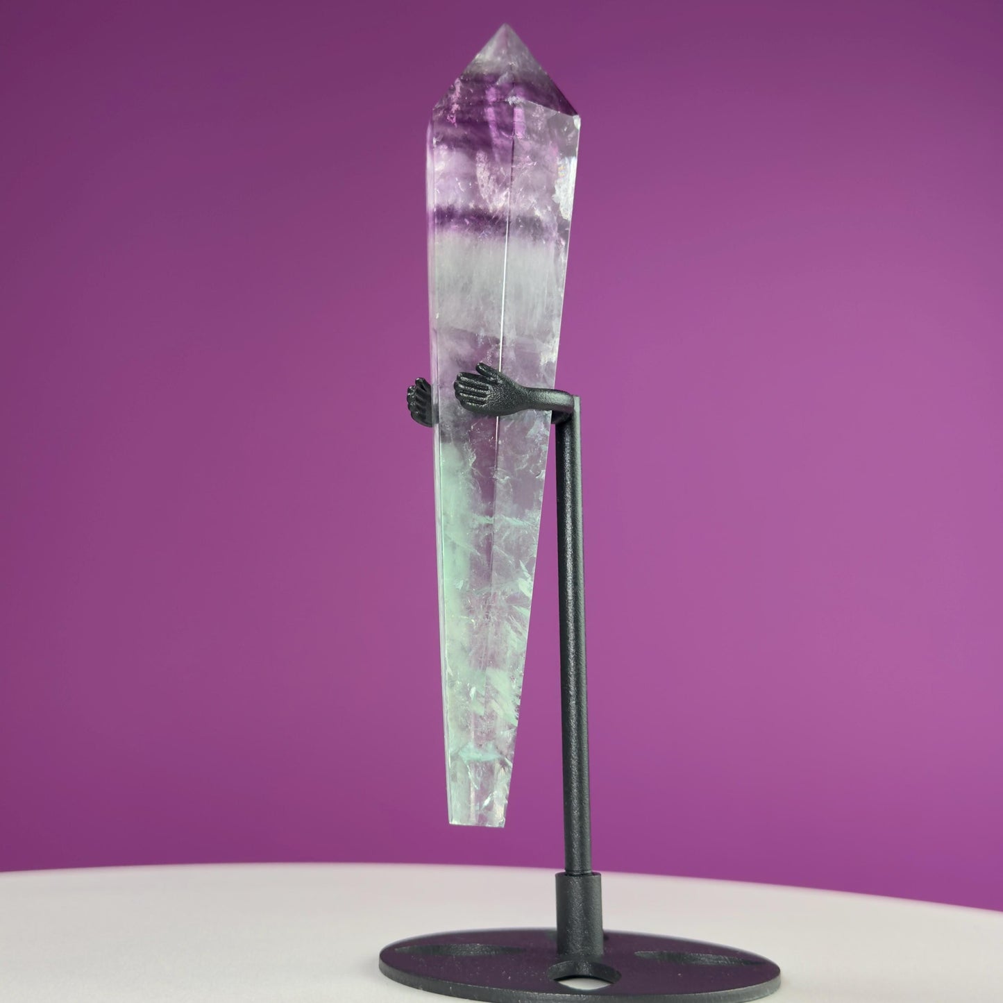 Watermelon Fluorite Scepter and Black Metal Stand, UV Reactive