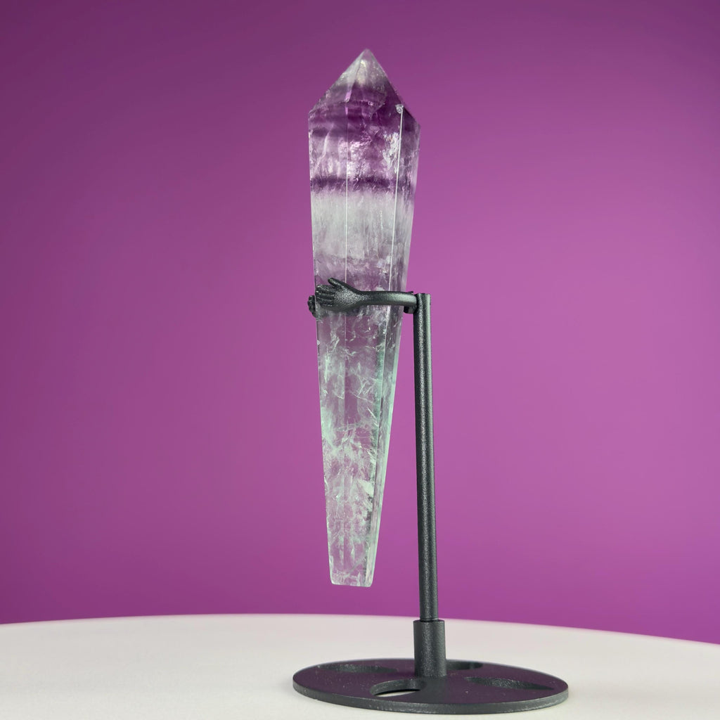 Watermelon Fluorite Scepter and Black Metal Stand, UV Reactive