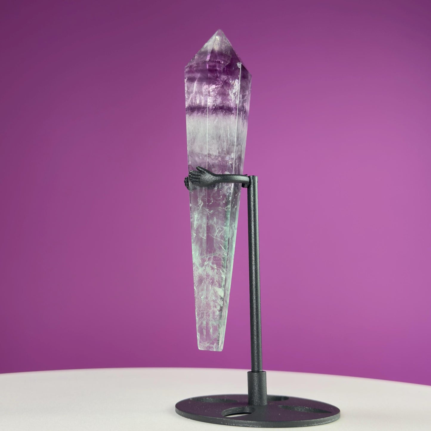 Watermelon Fluorite Scepter and Black Metal Stand, UV Reactive