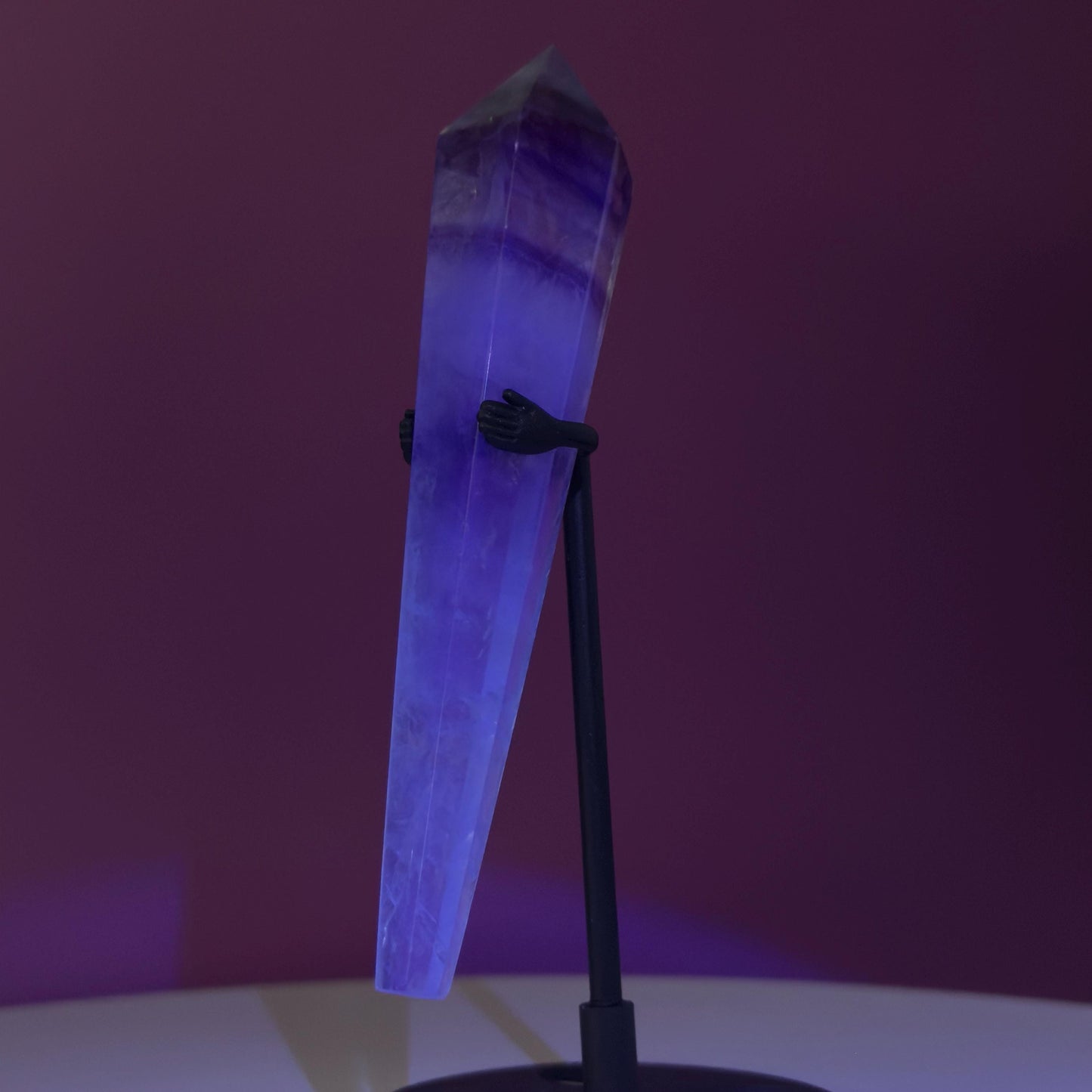 Watermelon Fluorite Scepter and Black Metal Stand, UV Reactive