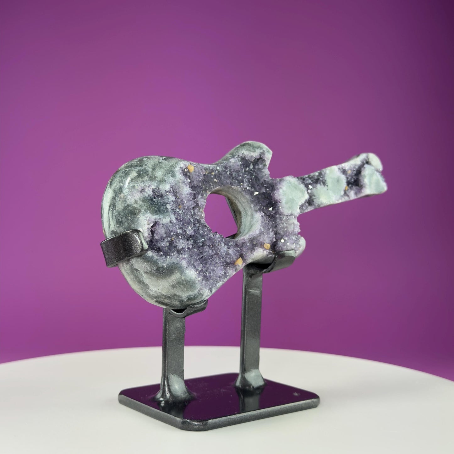Amethyst Guitar Carving (Uruguay) (Includes Heavy Black Metal Custom Stand), Collectors Piece