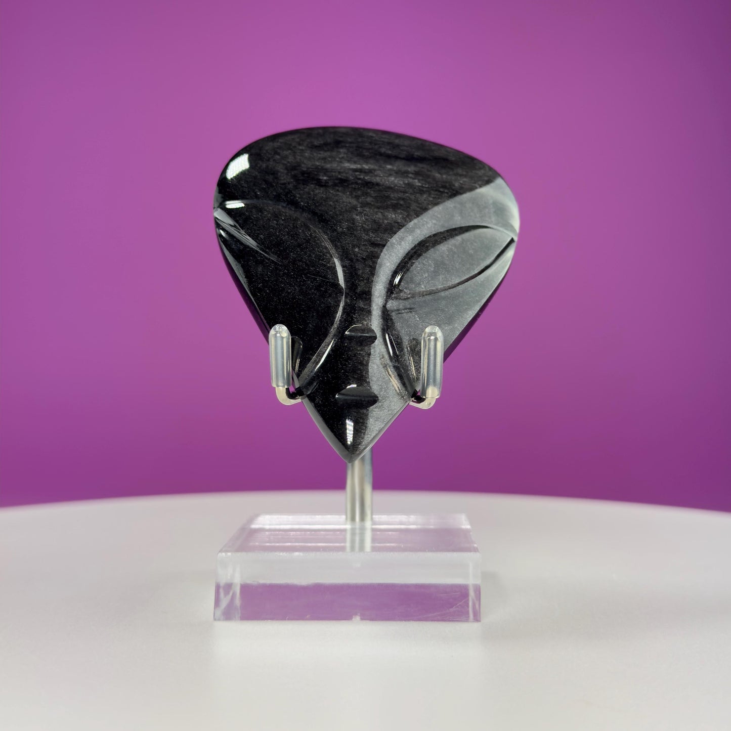 Silver Sheen Obsidian Alien Face Carving (Stand for Display Purposes Only)