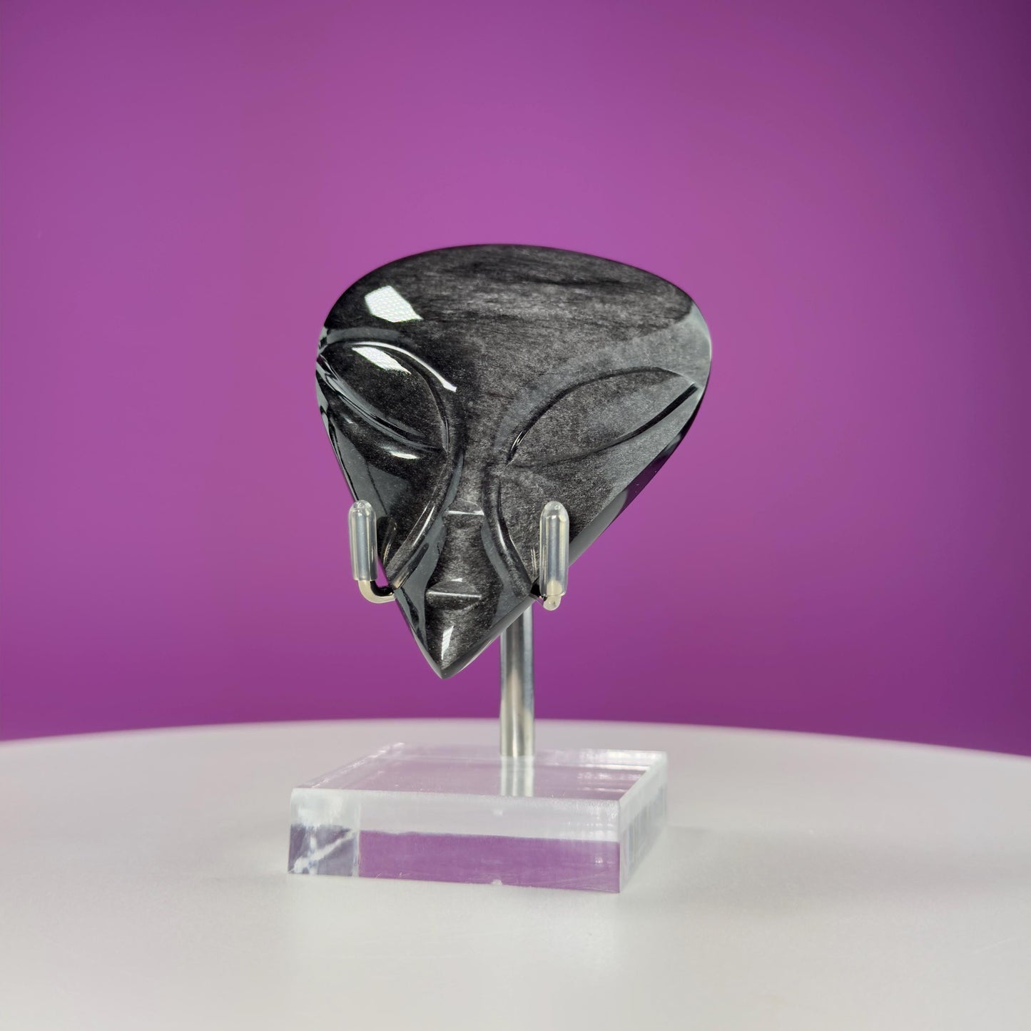 Silver Sheen Obsidian Alien Face Carving (Stand for Display Purposes Only)