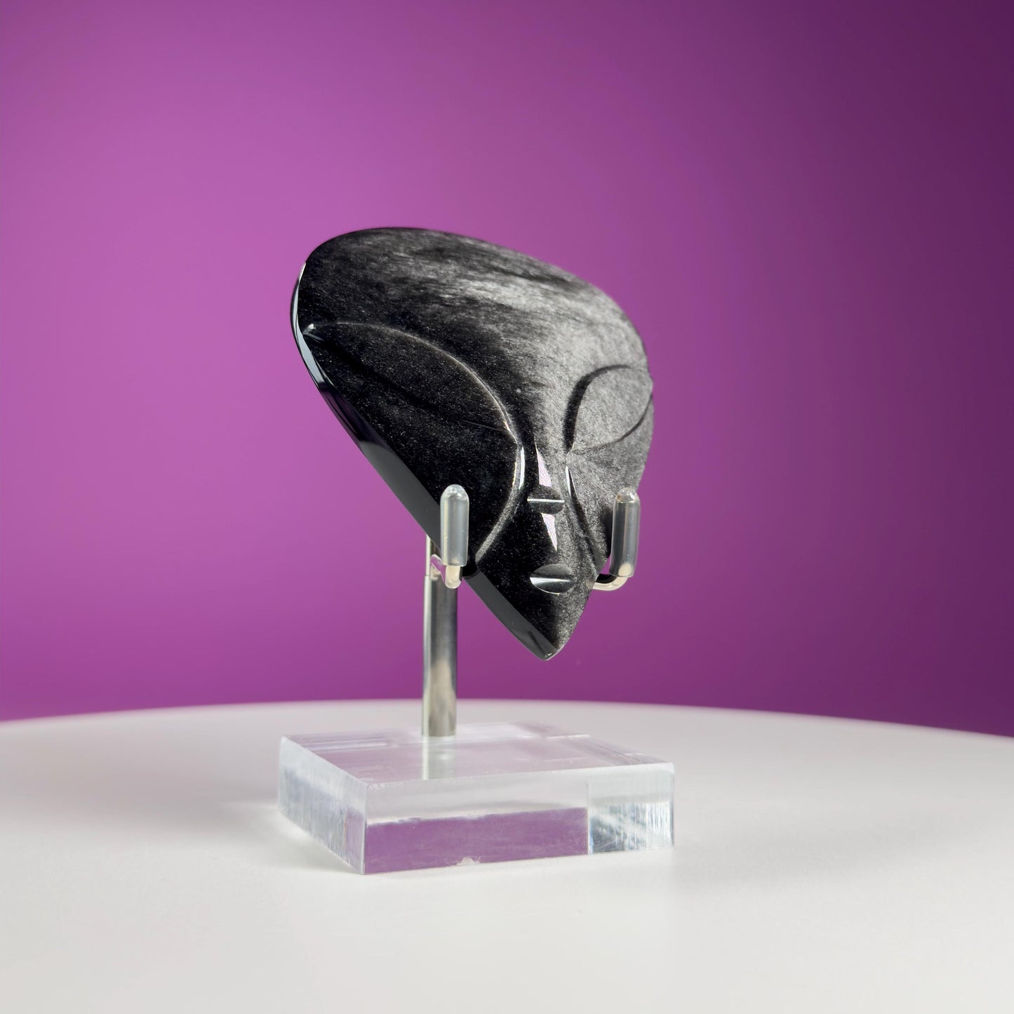Silver Sheen Obsidian Alien Face Carving (Stand for Display Purposes Only)