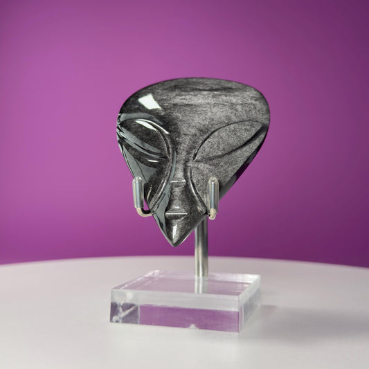 Silver Sheen Obsidian Alien Face Carving (Stand for Display Purposes Only)