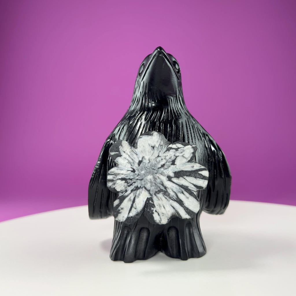 Chrysanthemum Stone Penguin Carving with Natural Flower Formation
