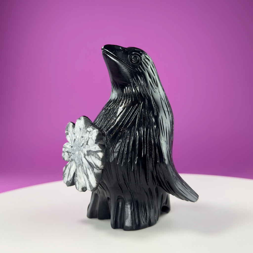 Chrysanthemum Stone Penguin Carving with Natural Flower Formation