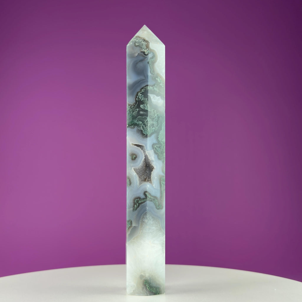 Moss Agate Tower with Druzy, 9 Inches Tall