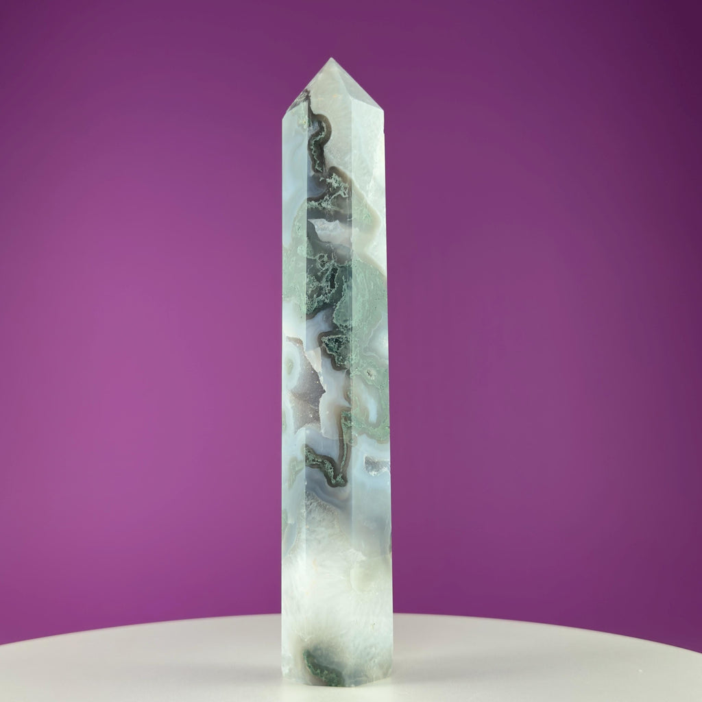 Moss Agate Tower with Druzy, 9 Inches Tall