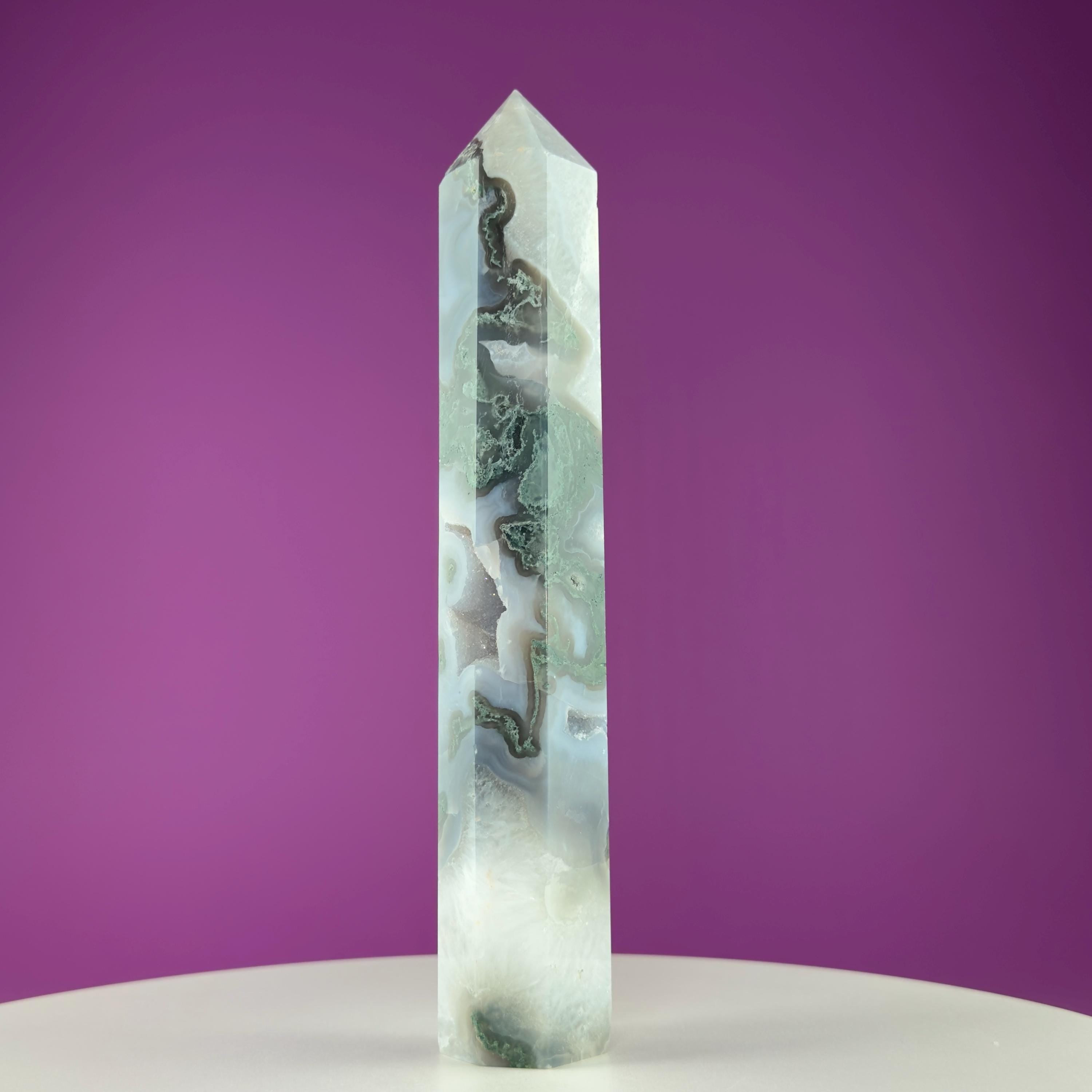 Moss Agate Tower with Druzy, 9 Inches Tall