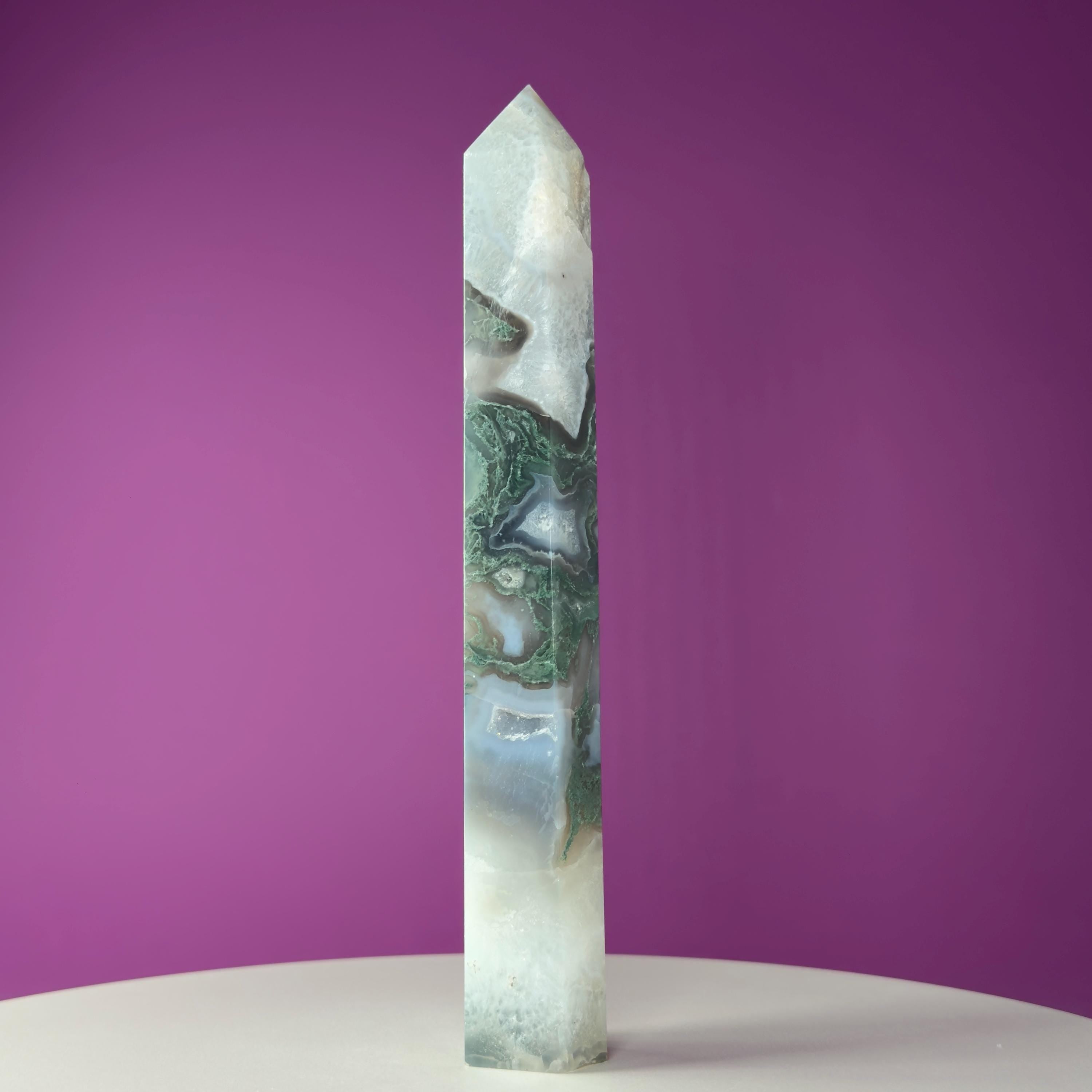 Moss Agate Tower with Druzy, 9 Inches Tall