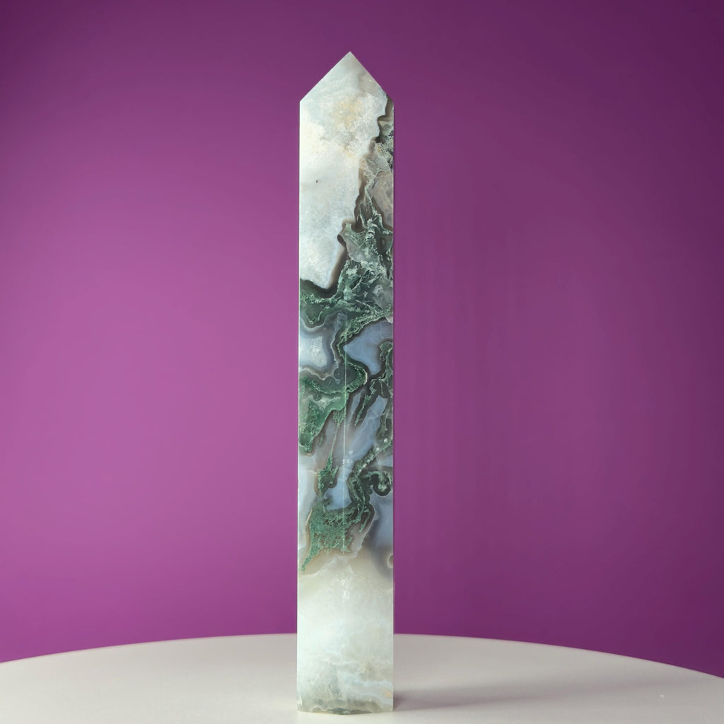 Moss Agate Tower with Druzy, 9 Inches Tall