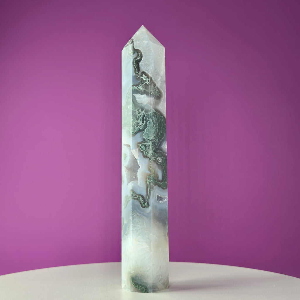 Moss Agate Tower with Druzy, 9 Inches Tall
