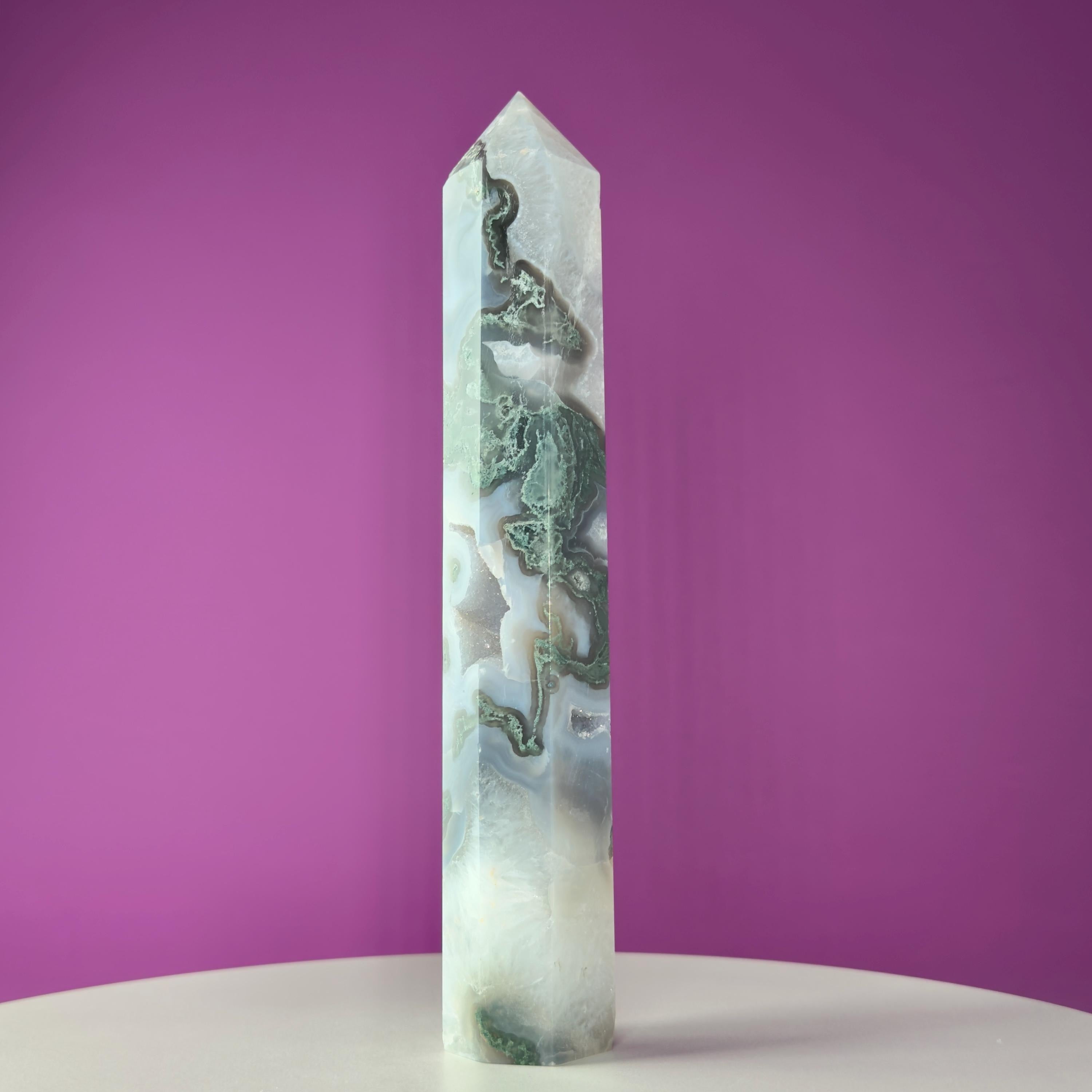 Moss Agate Tower with Druzy, 9 Inches Tall