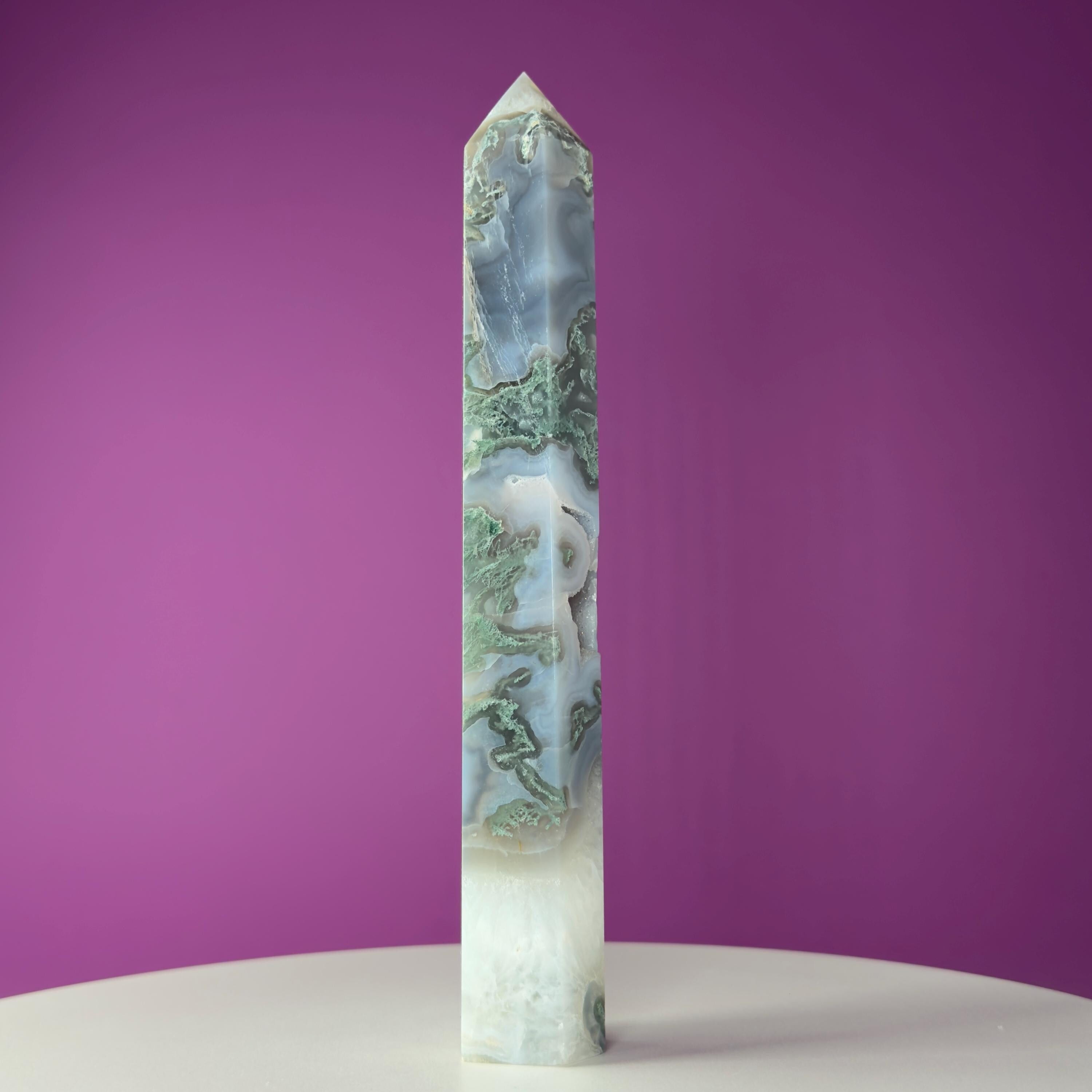 Moss Agate Tower with Druzy, 9 Inches Tall
