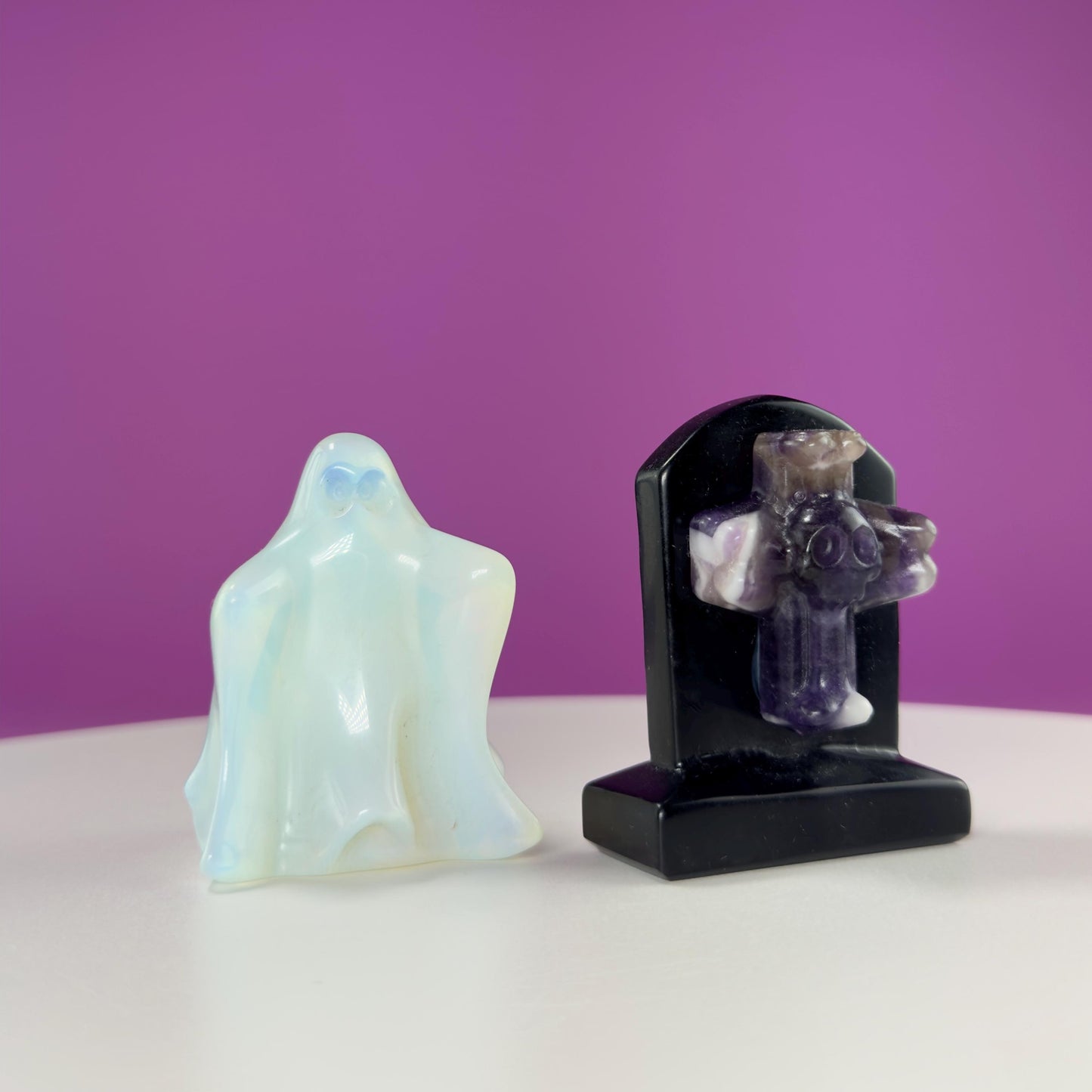 Black Obsidian Headstone with Amethyst Skull and Opalite Ghost