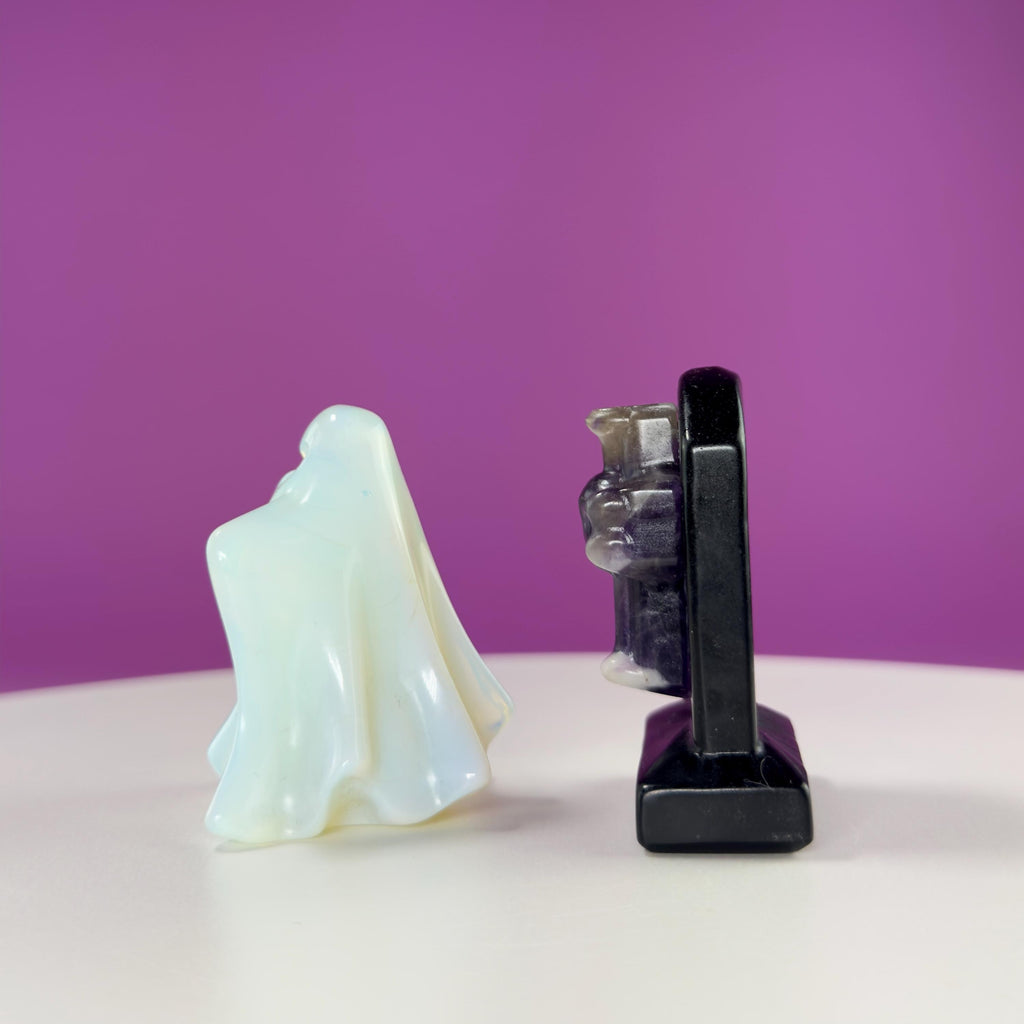 Black Obsidian Headstone with Amethyst Skull and Opalite Ghost
