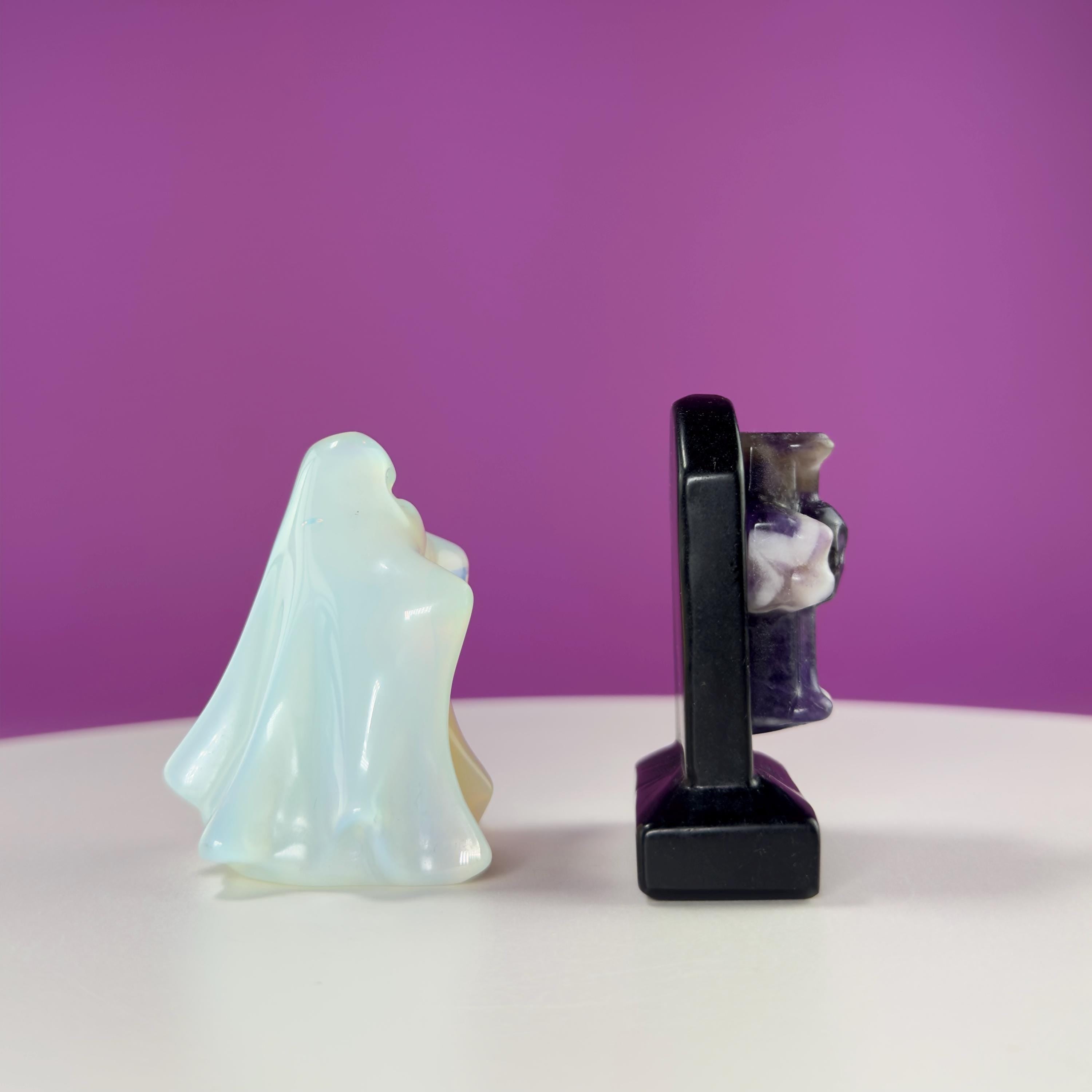 Black Obsidian Headstone with Amethyst Skull and Opalite Ghost