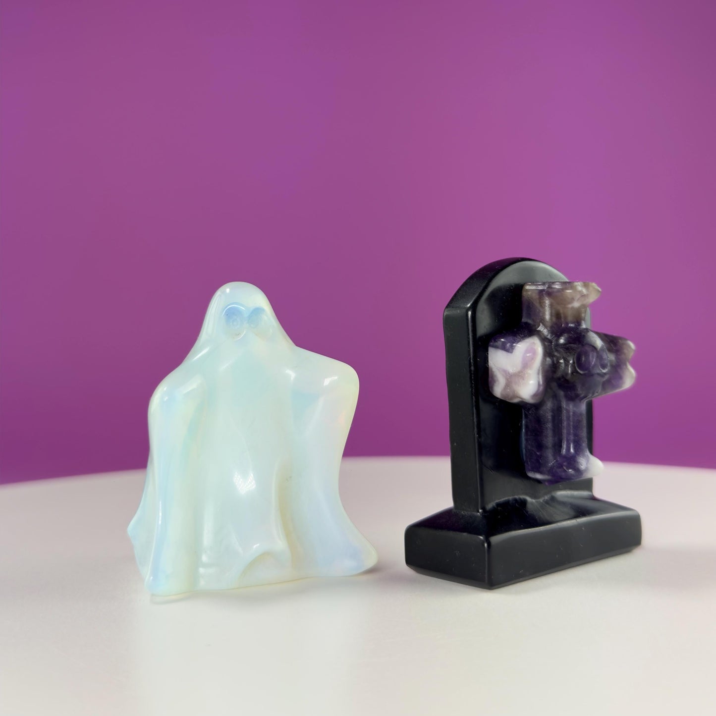 Black Obsidian Headstone with Amethyst Skull and Opalite Ghost