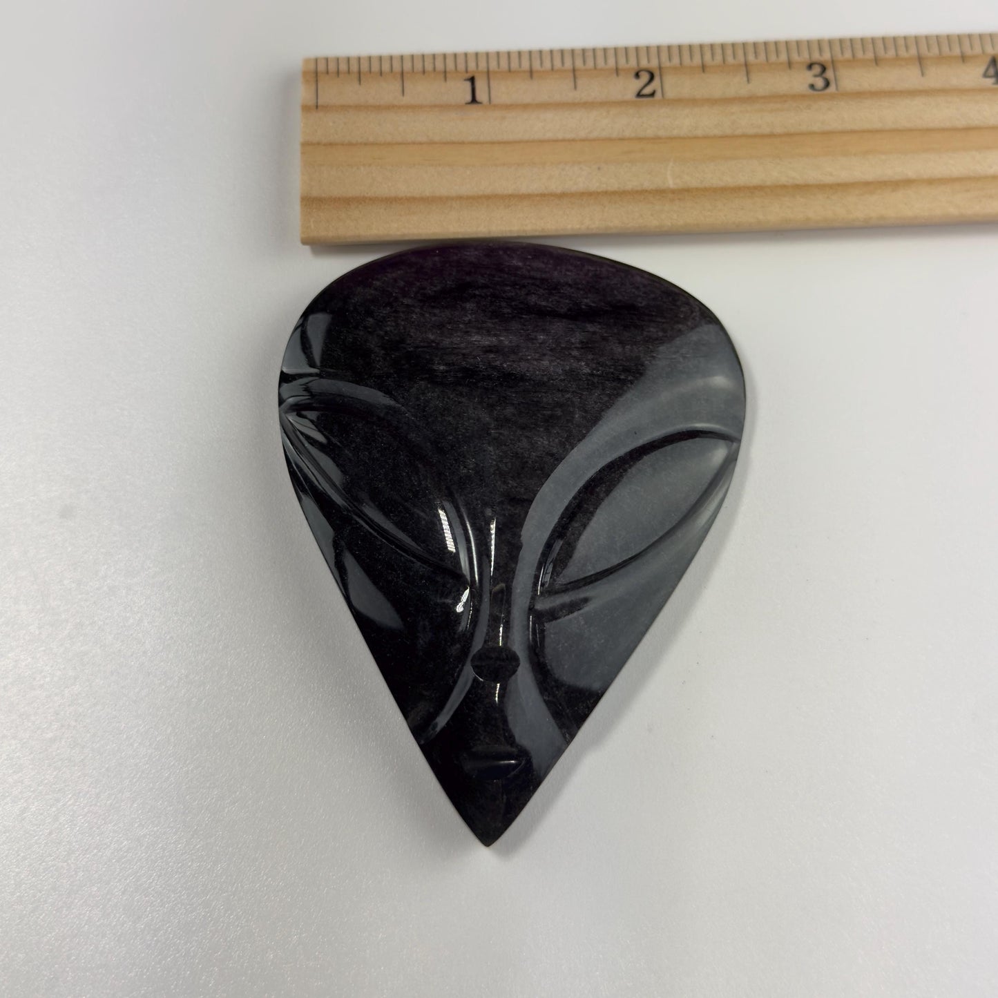 Silver Sheen Obsidian Alien Face Carving (Stand for Display Purposes Only)